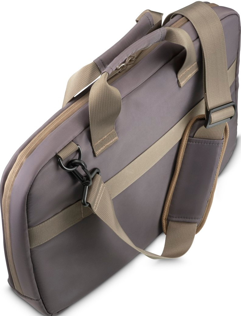 Eine graue Laptoptasche mit Schulterriemen. Die Tasche ist geschlossen, Griff sichtbar.