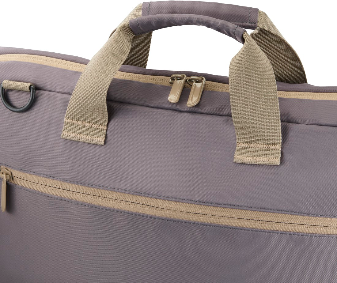 Graue Laptoptasche mit Griffen und Reißverschlüssen. Beige Akzente.