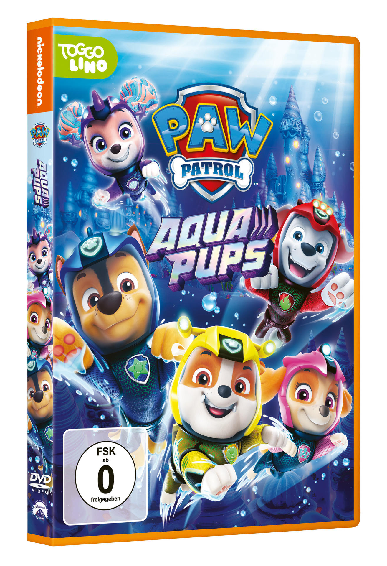 DVD-Cover für PAW Patrol Aqua Pups. Zeichentrickwelpen in Tauchausrüstung sind zu sehen.
