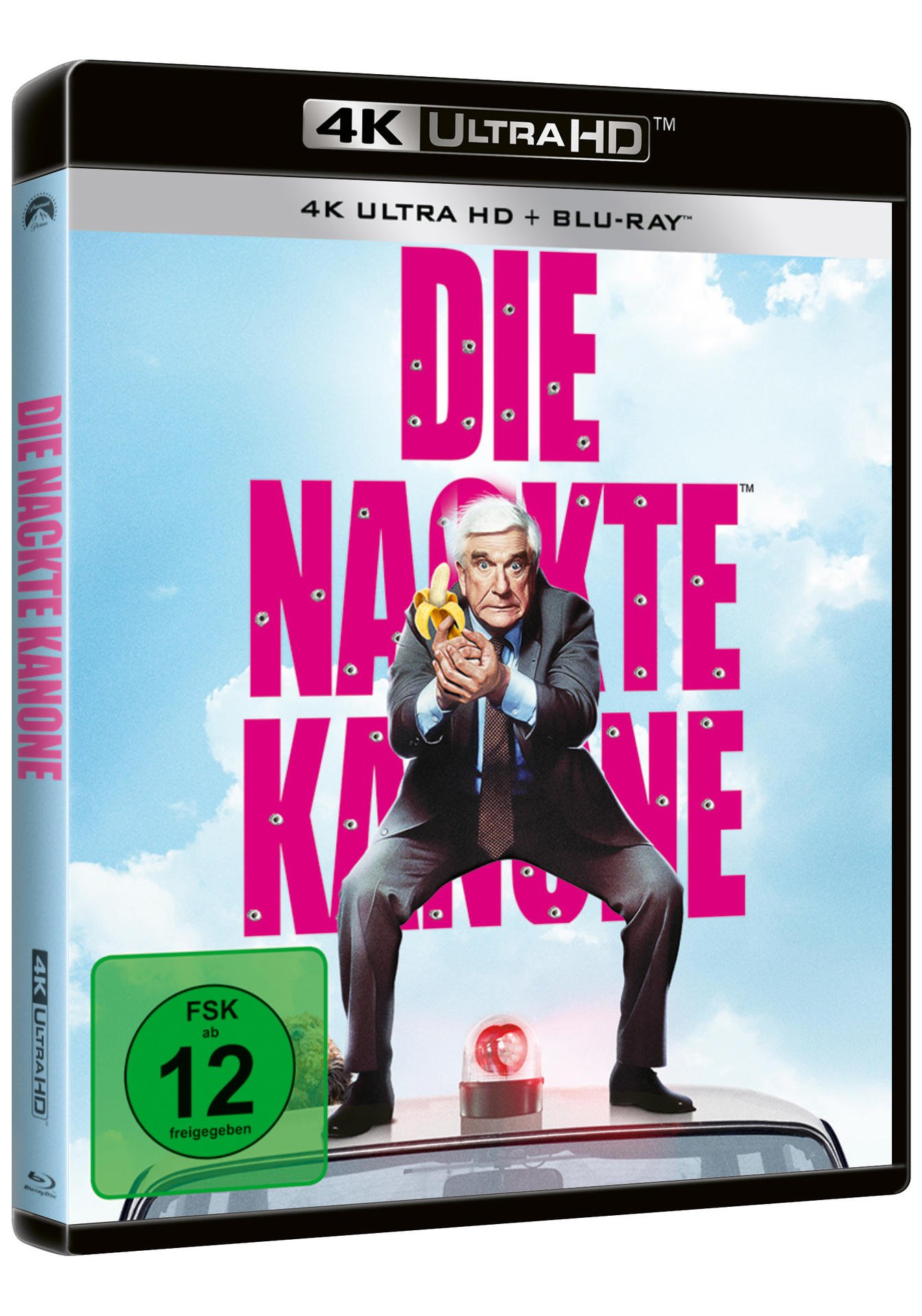 DVD-Hülle von 'Die nackte Kanone' mit Leslie Nielsen. Er hält eine Banane. Blauer Himmel und Text im Hintergrund.