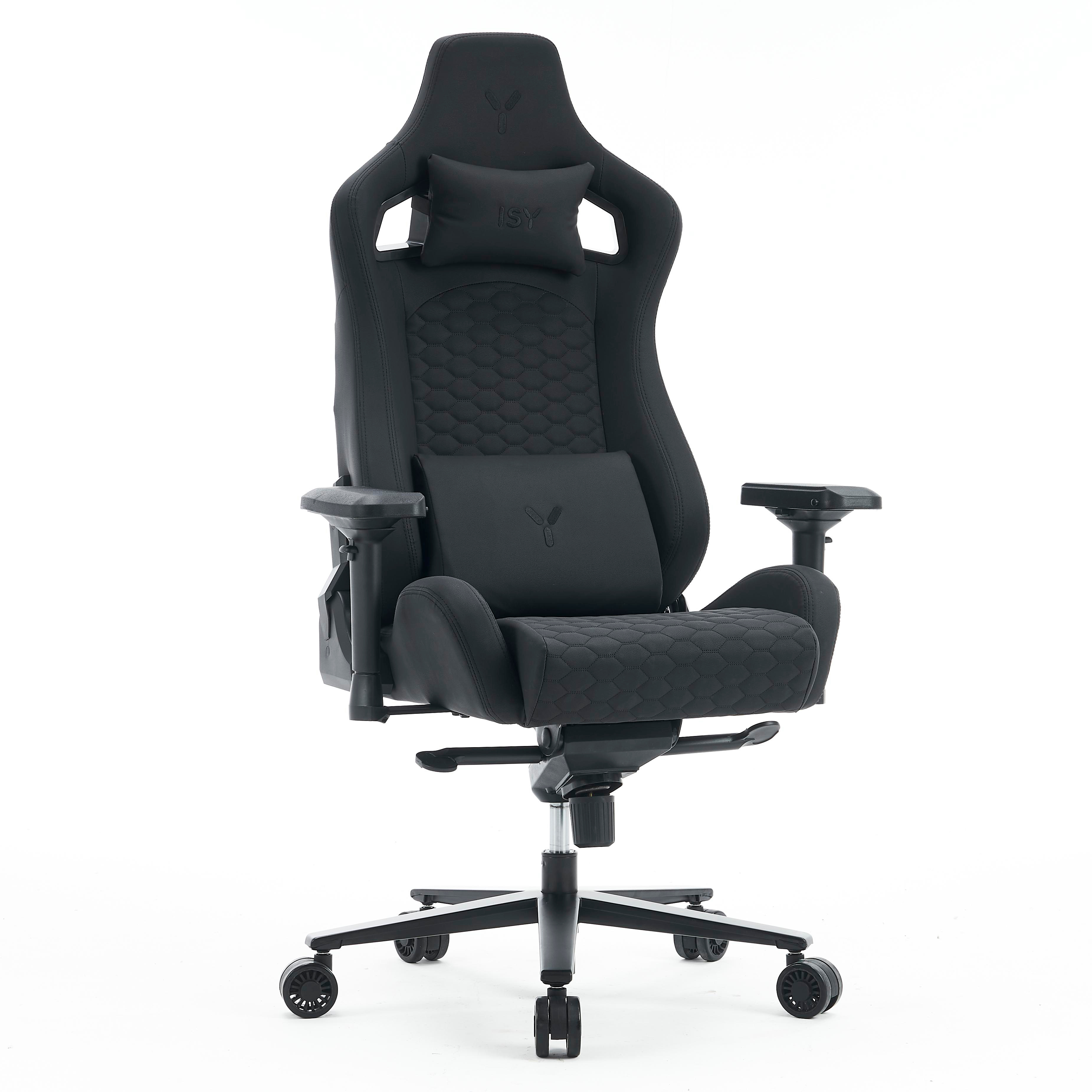 Schwarzer ISY Gaming-Stuhl, Kopf- und Lendenkissen, weißer Hintergrund.