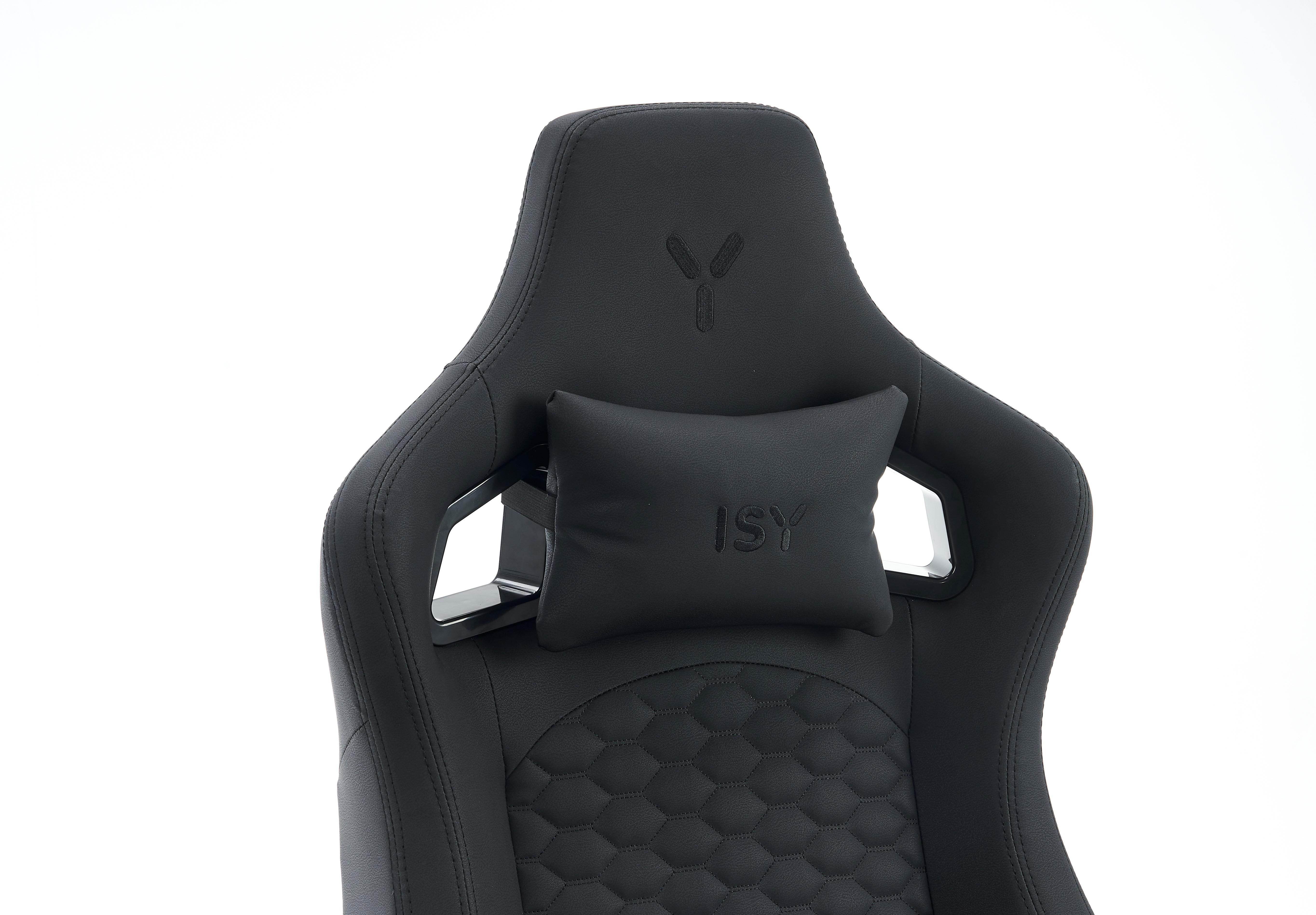 Nahaufnahme der Kopfstütze und des Kissens eines schwarzen Gaming-Stuhls. Der Stuhl hat ein strukturiertes Design.