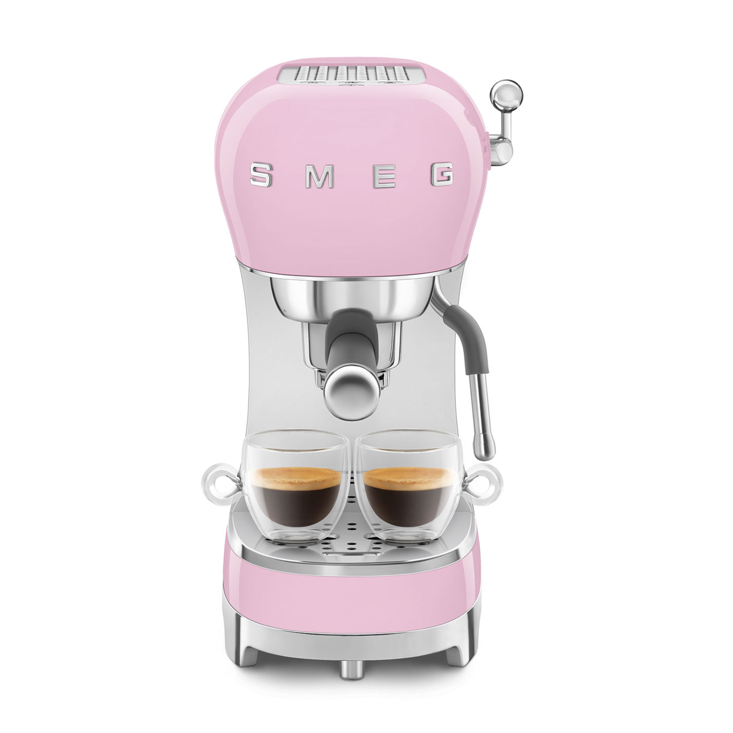 Macchina per espresso SMEG rosa con due bicchieri di caffè sul fondo.