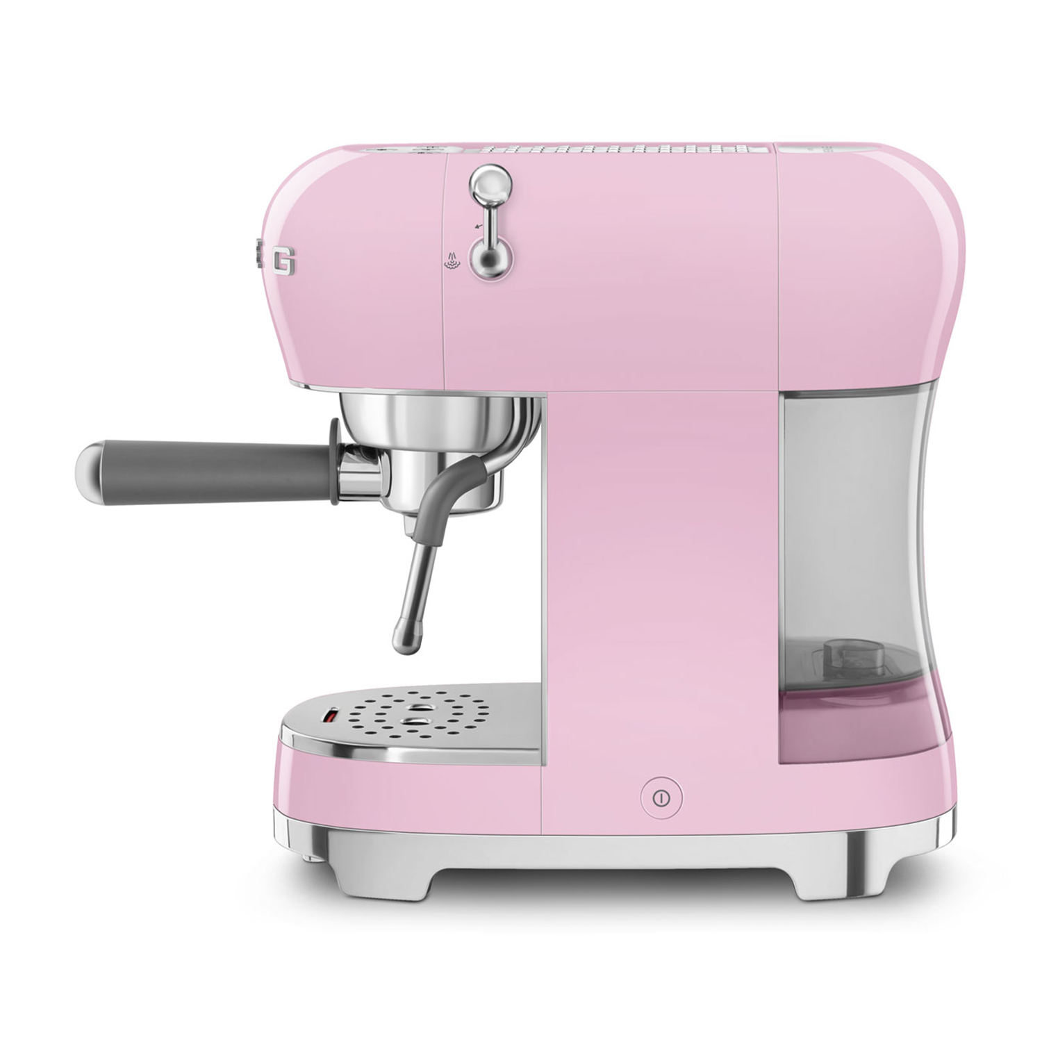 Macchina da caffè rosa, dettagli argento, su superficie bianca. Serbatoio dell'acqua a destra. Isolato.