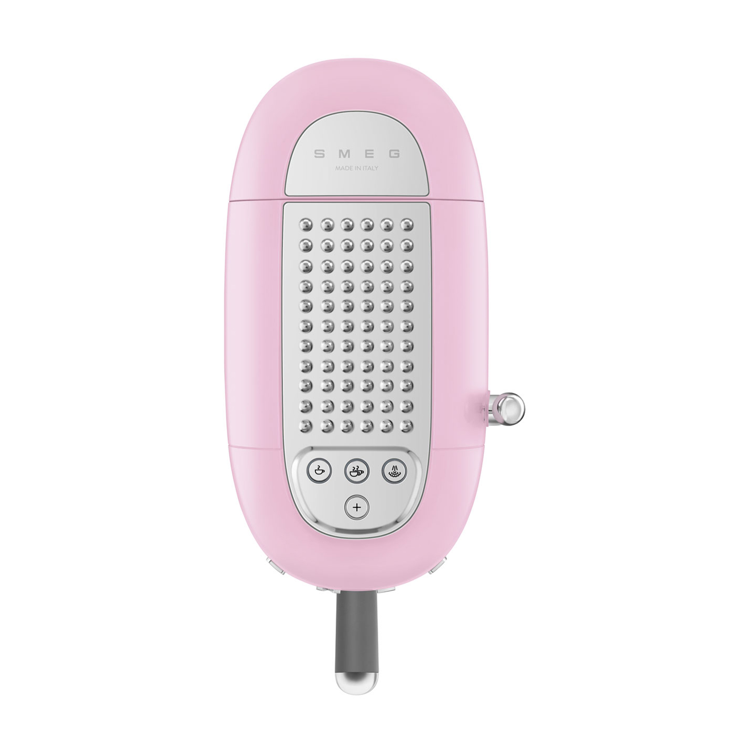Frullatore a immersione Smeg rosa con pulsanti e grattugia argentata.