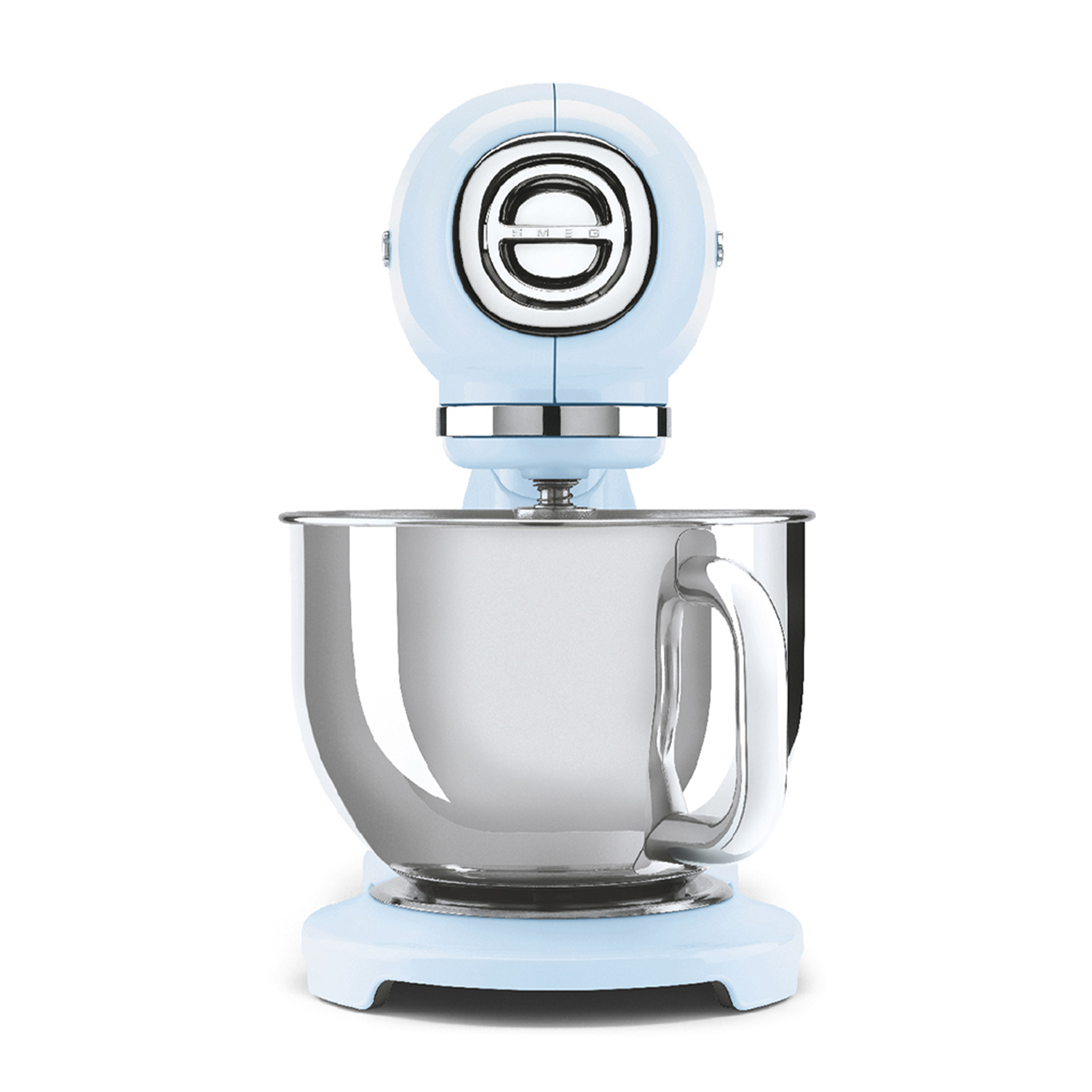 Impastatrice Smeg azzurra, vista frontale, ciotola in acciaio inox, sfondo bianco.