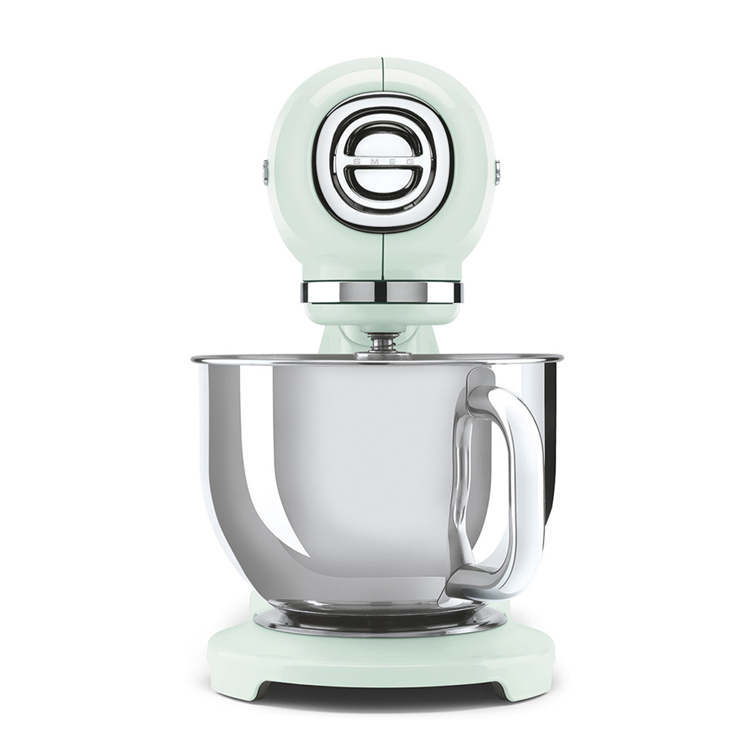 Vista frontale di un mixer Smeg verde menta con ciotola in acciaio inox, su sfondo bianco.
