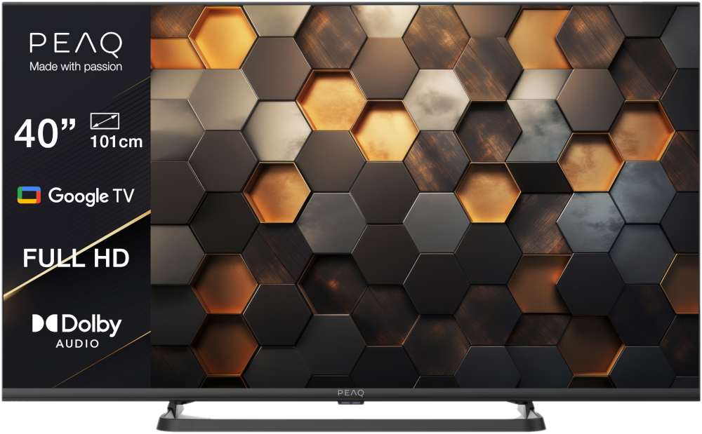 PEAQ 40" TV, schwarzer Bildschirm, Full HD, mit Google TV und Dolby Audio.
