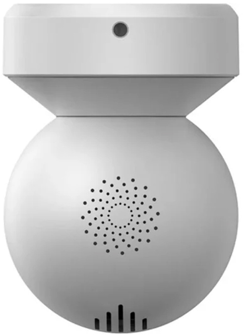 Weiße, kugelförmige Smart-Home-Kamera mit kleinem schwarzem Objektiv und kreisförmigen Löchern.