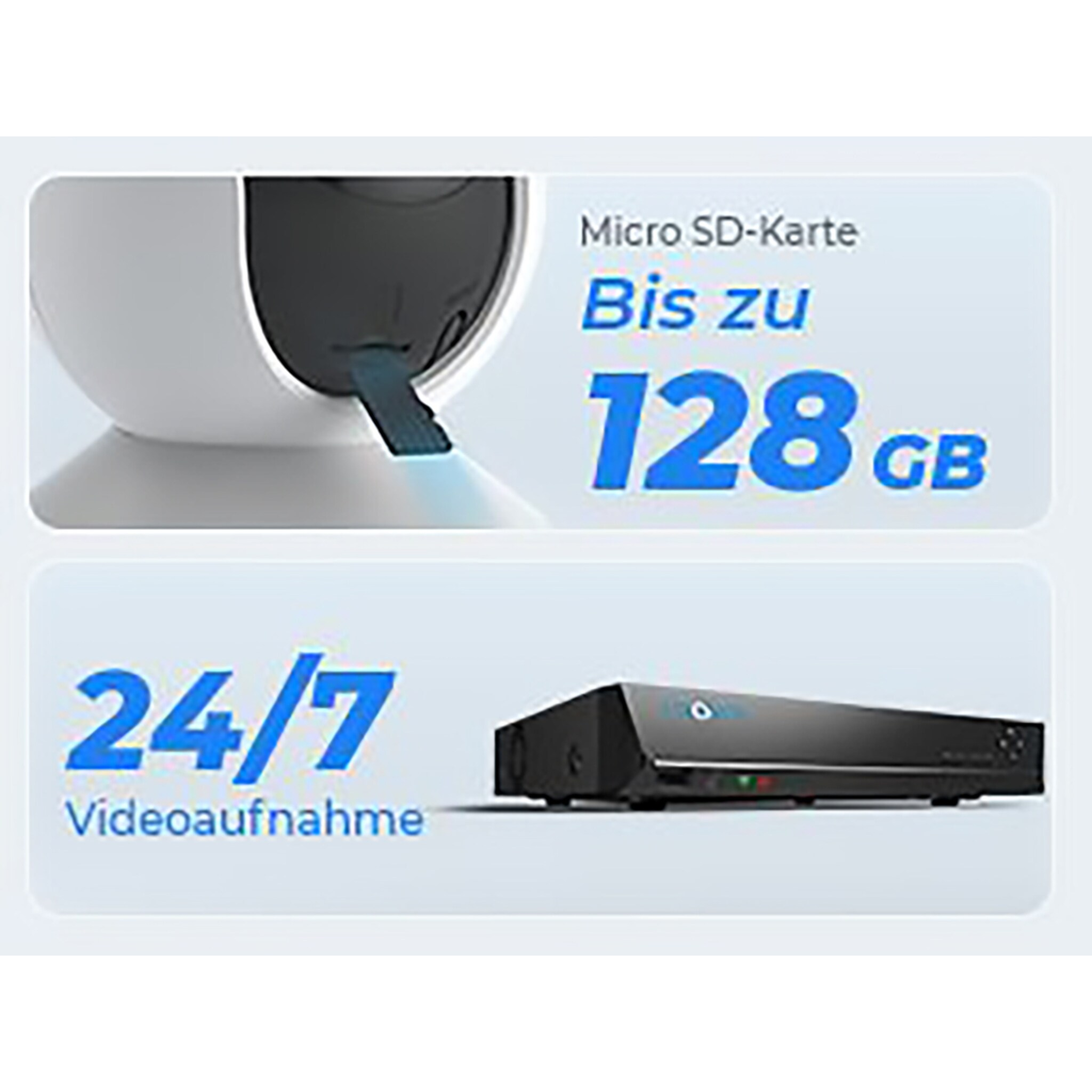 Eine weiße Überwachungskamera mit Text über SD-Kartenspeicher.