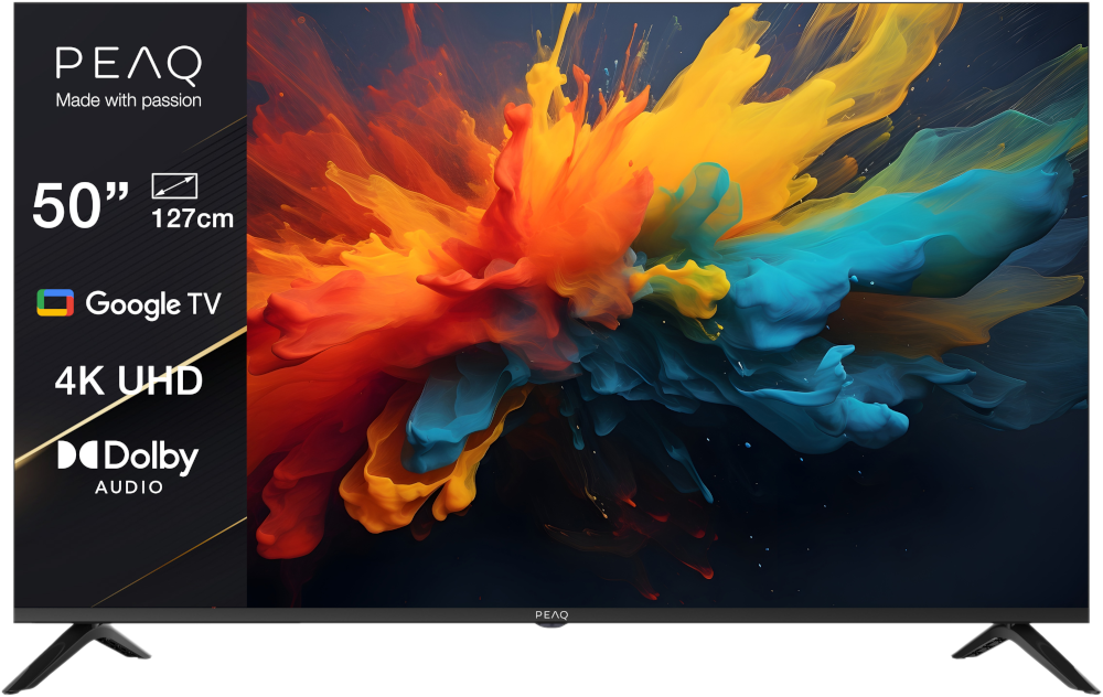 Een groot tv-scherm met kleurrijke, abstracte kunst. De woorden "PEAQ" en "4K UHD" zijn zichtbaar.