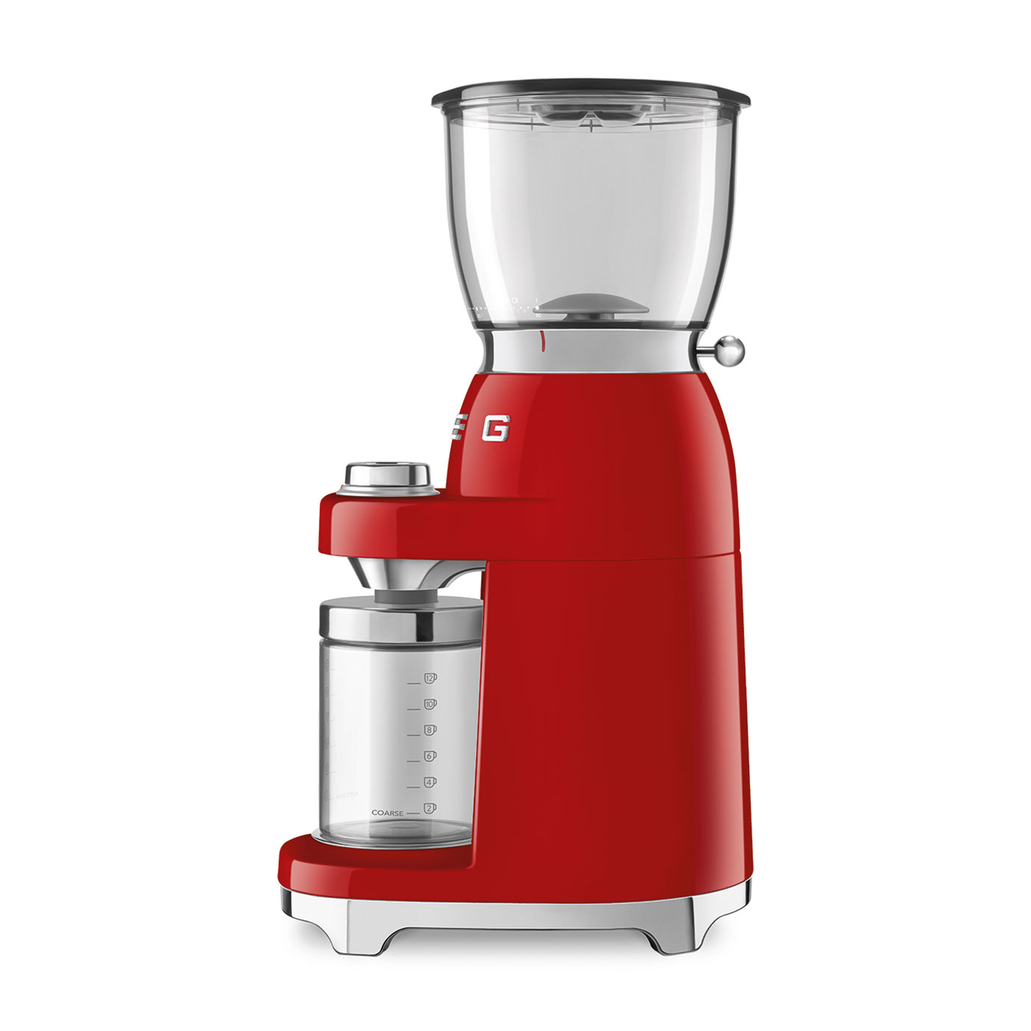 Macinacaffè Smeg rosso, con tramoggia trasparente e contenitore in vetro.