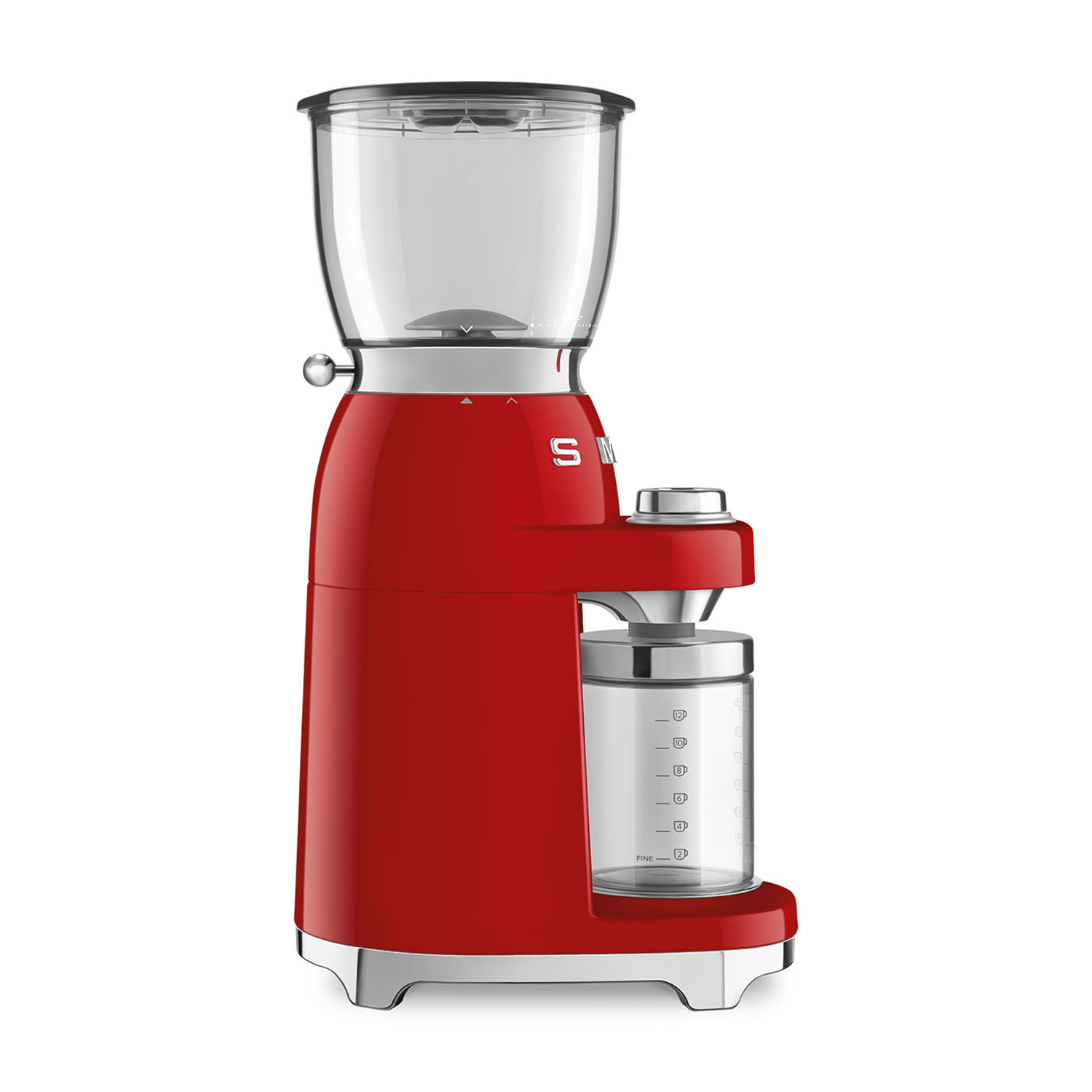 Macinacaffè rosso con contenitore trasparente, dettagli metallici e parte superiore nera.