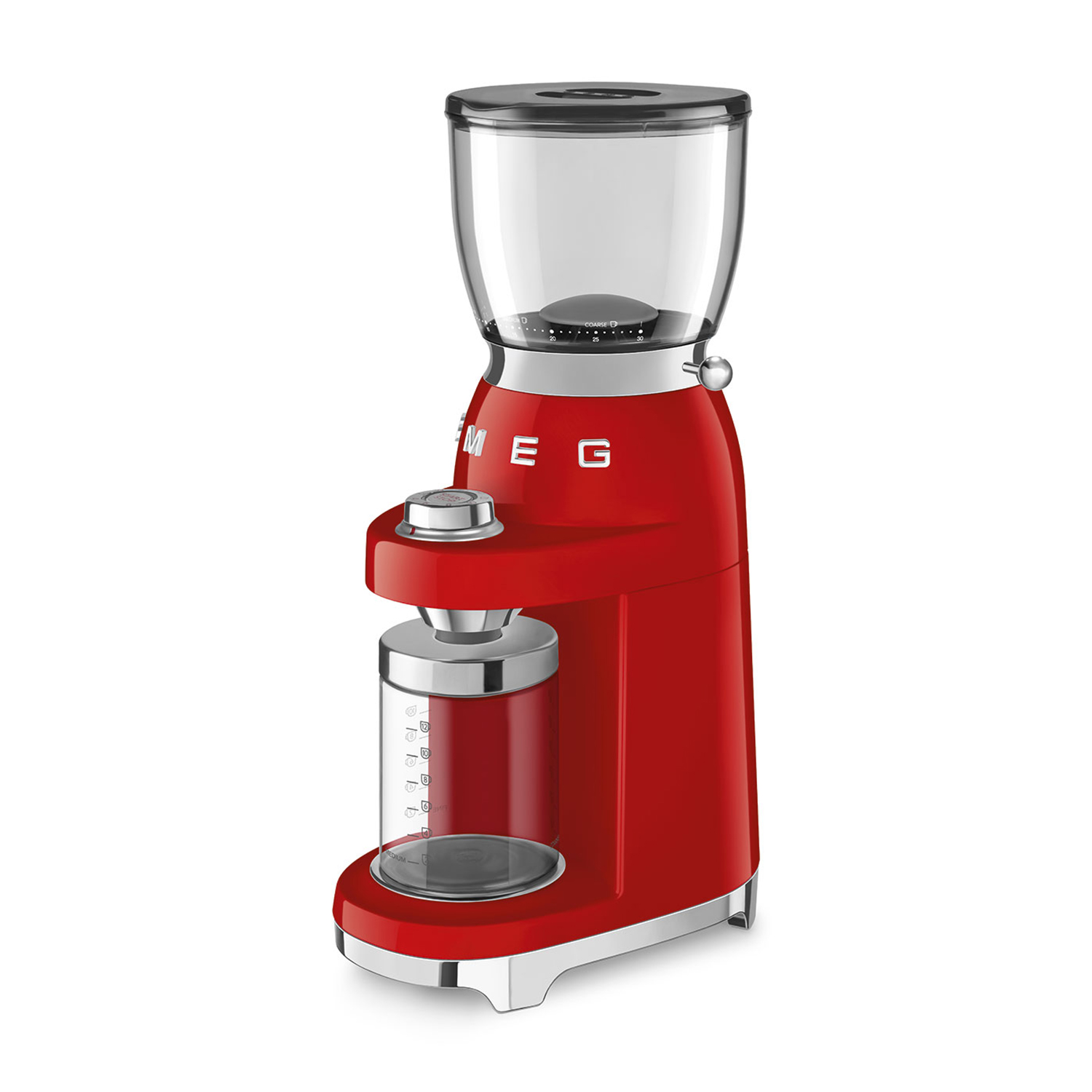 Macinacaffè Smeg rosso con contenitore per chicchi trasparente e contenitore per polvere di vetro.