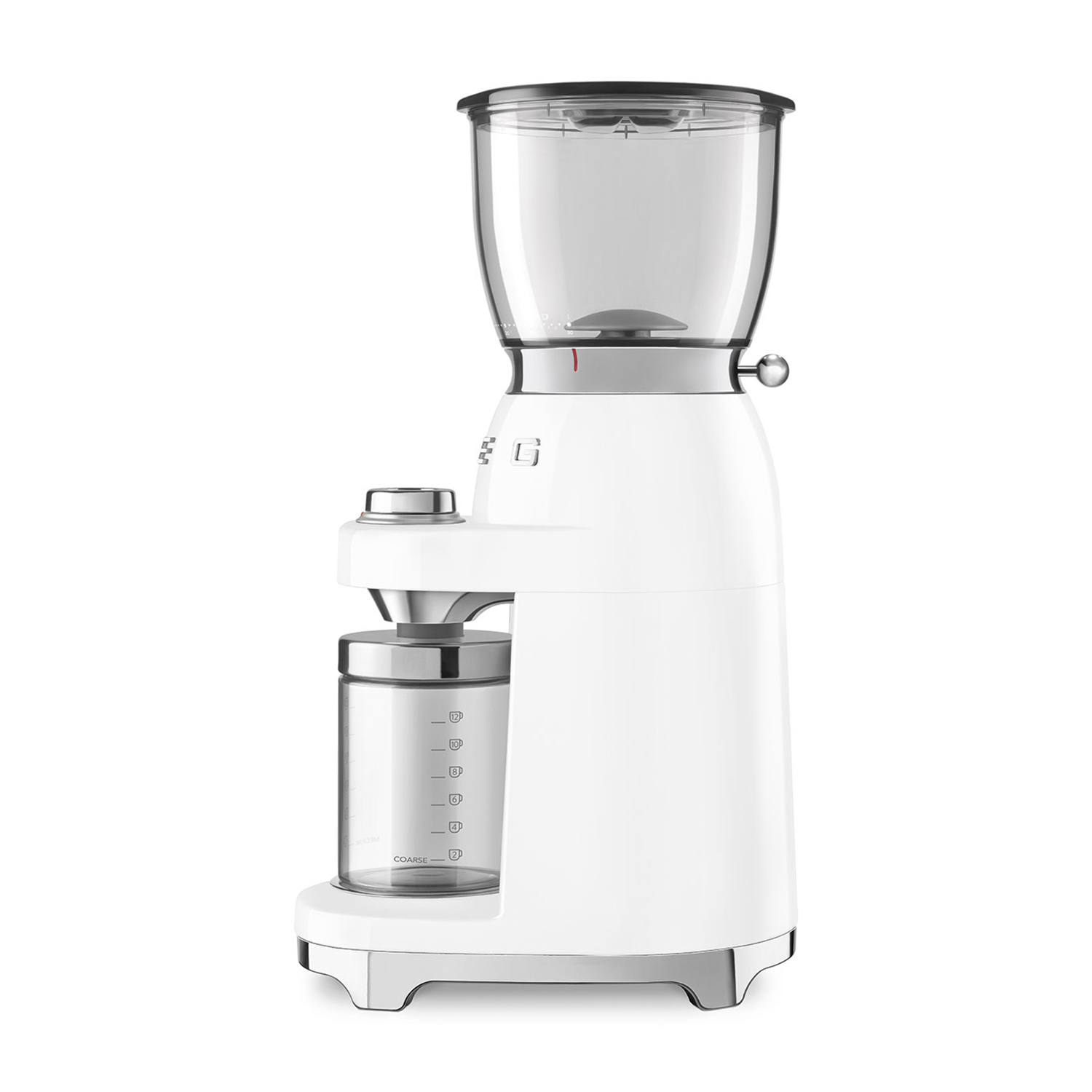 Macinacaffè bianco con contenitore per chicchi trasparente e supporto per caffè macinato in vetro.