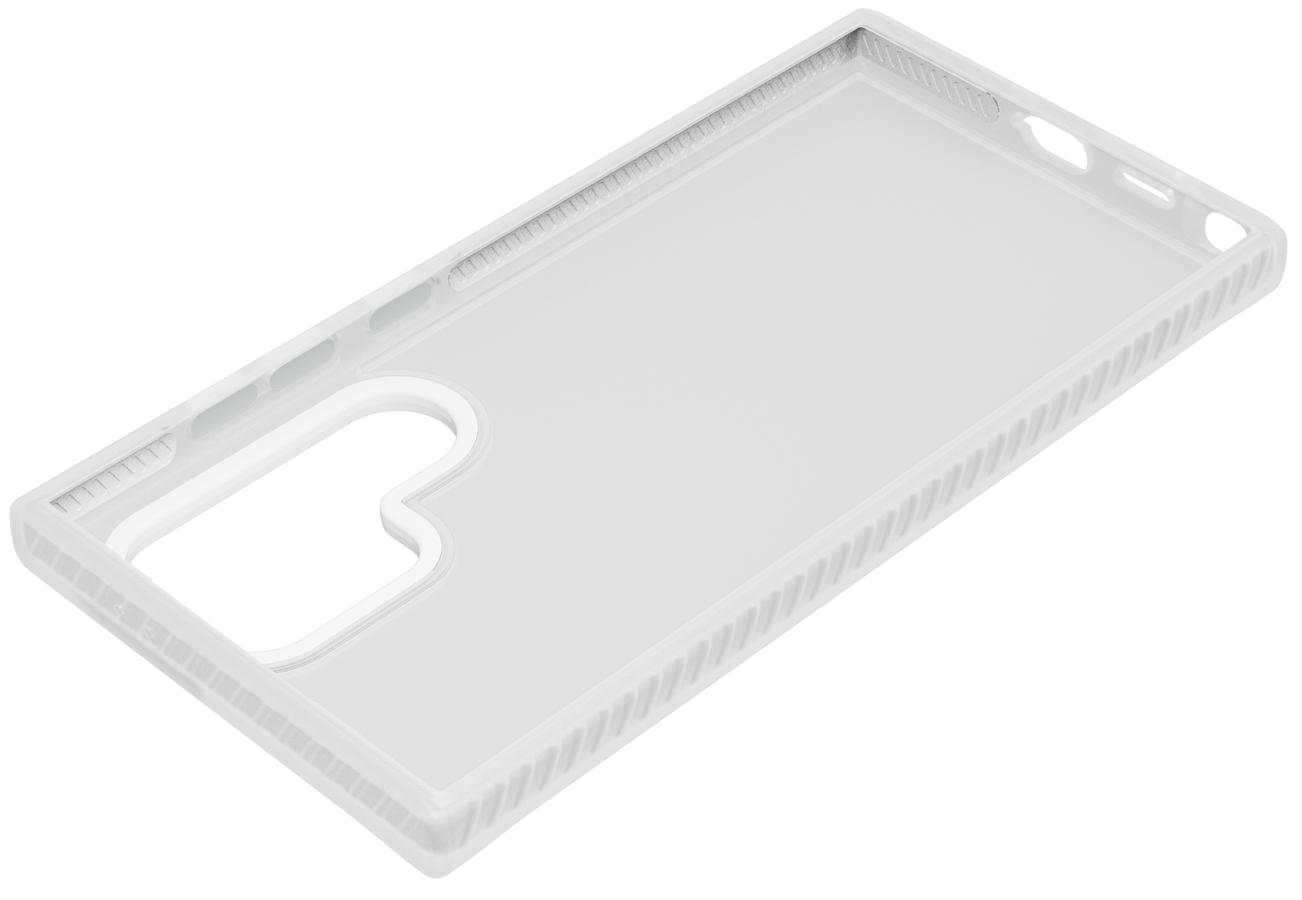 Transparente, rechteckige Handyhülle mit Aussparungen. Gerippte Kanten. Weiß.