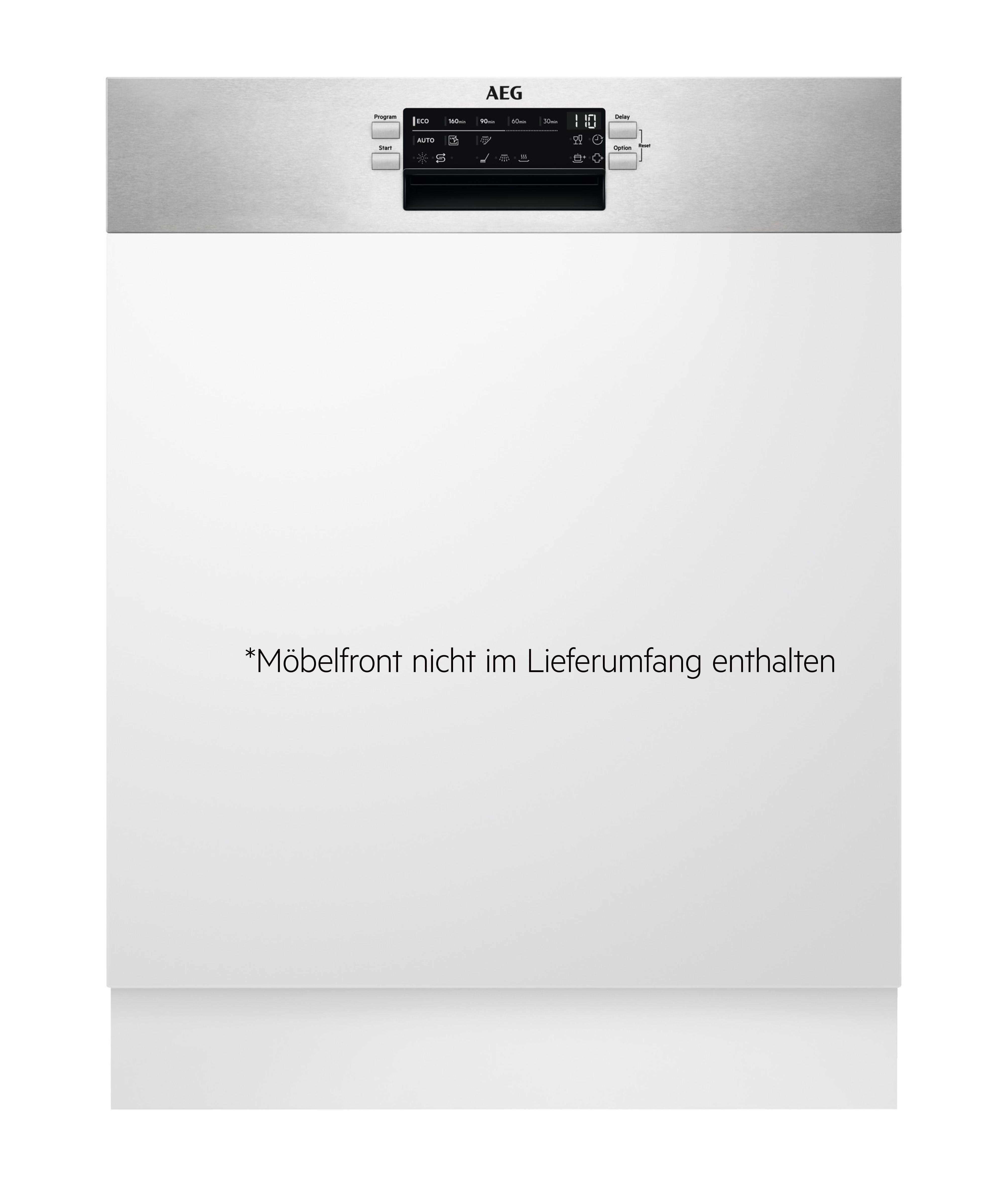 Ein weißer Einbaugeschirrspüler mit Bedienfeld oben und Text auf Deutsch.