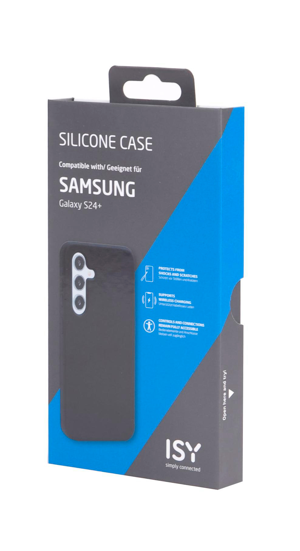 Eine Box zeigt eine Samsung Galaxy S24+ Handyhülle. Die Hülle ist schwarz.
