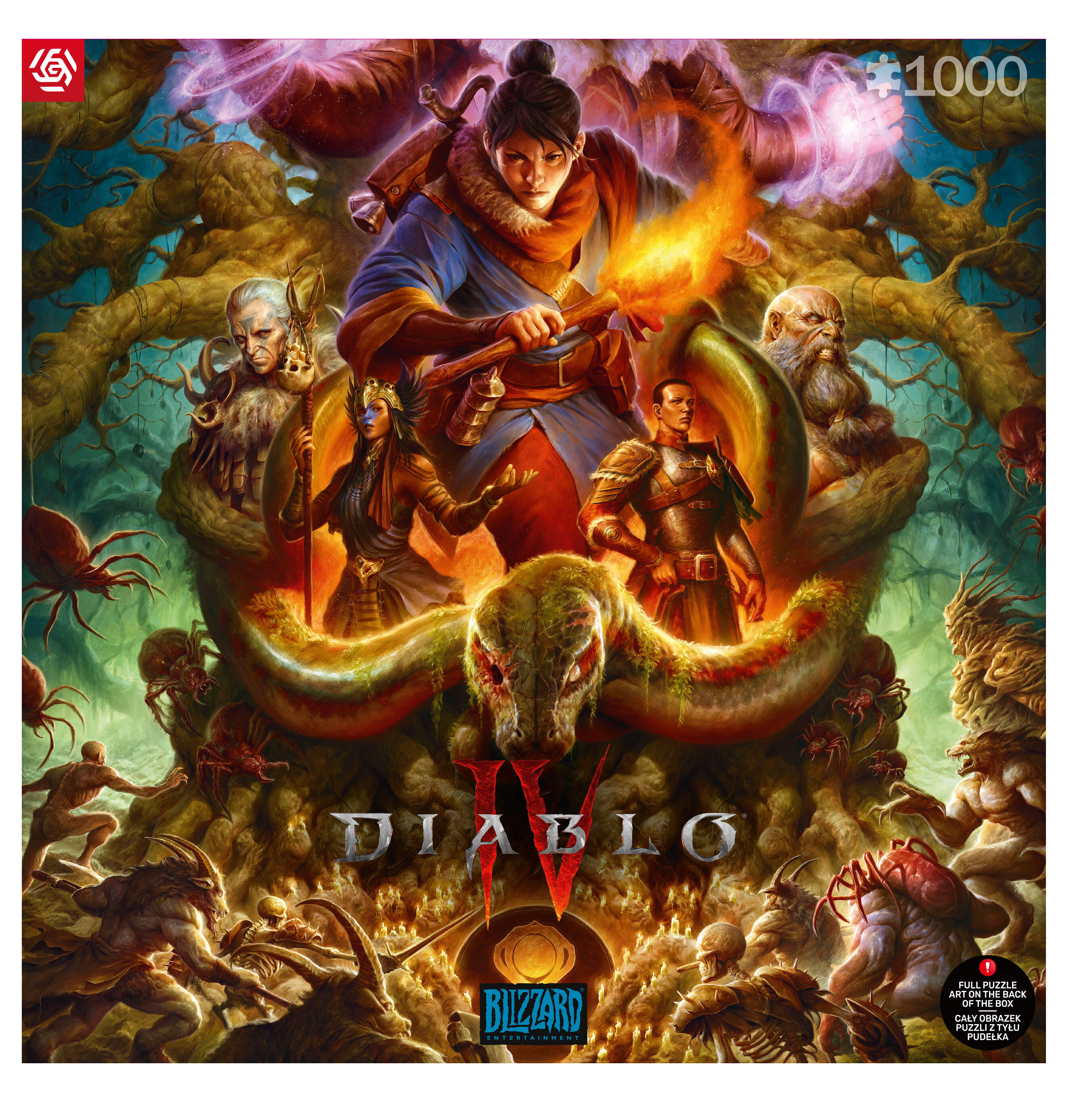 Pudełko z puzzlami z kolorowym obrazem fantasy postaci i smoka. Napisano 'Diablo IV'.