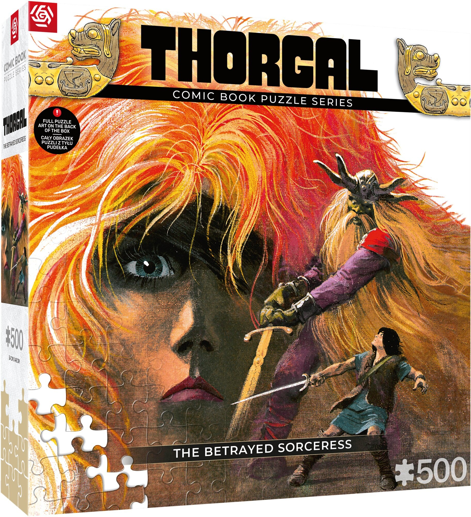 Pudełko z puzzlami: komiks Thorgal. Obraz przedstawia wojownika walczącego z czarownicą. Tytuł: 'Zdradzona Czarownica'.