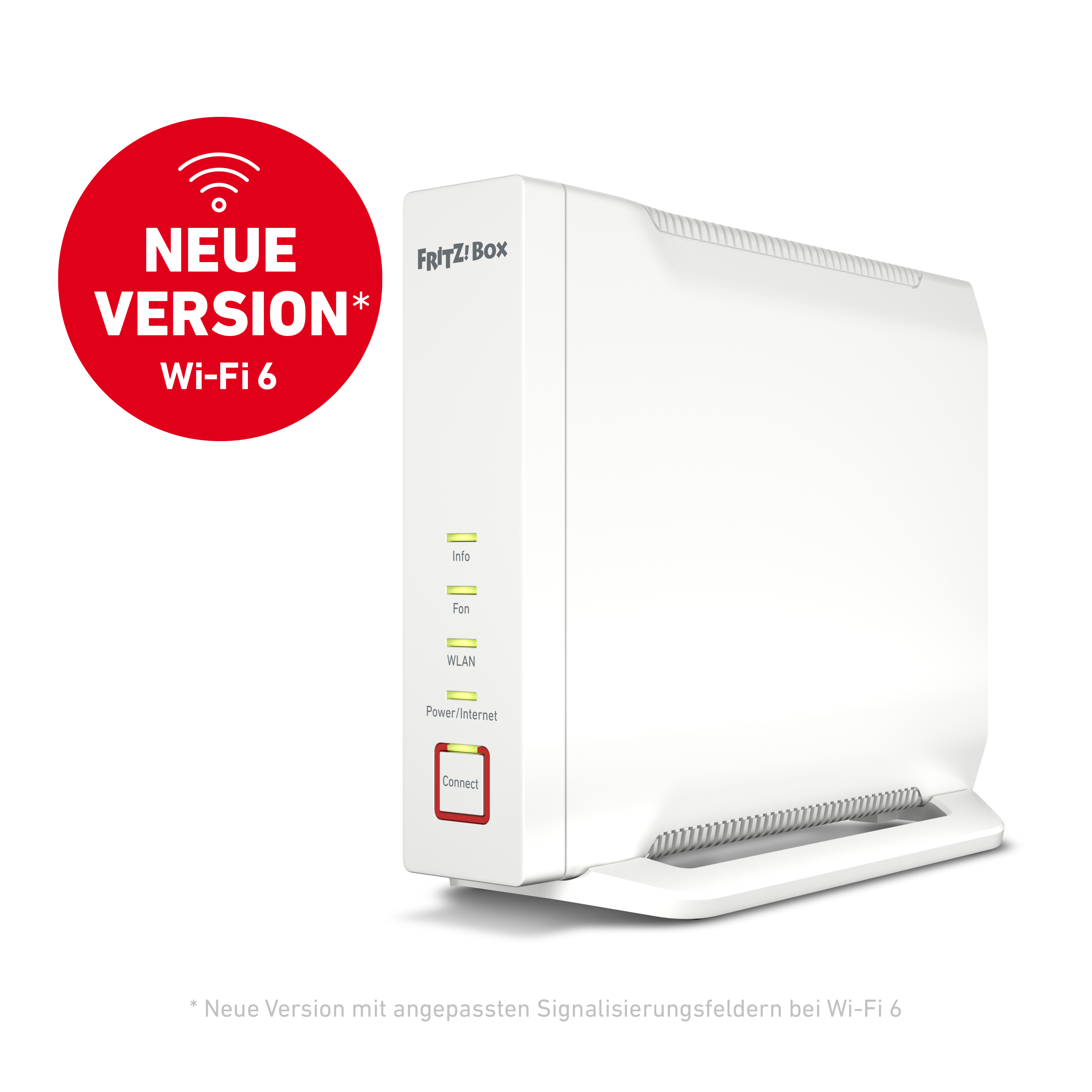 Weißer Router mit roter Taste und Text. Ein roter Kreis zeigt 'NEUE VERSION'.