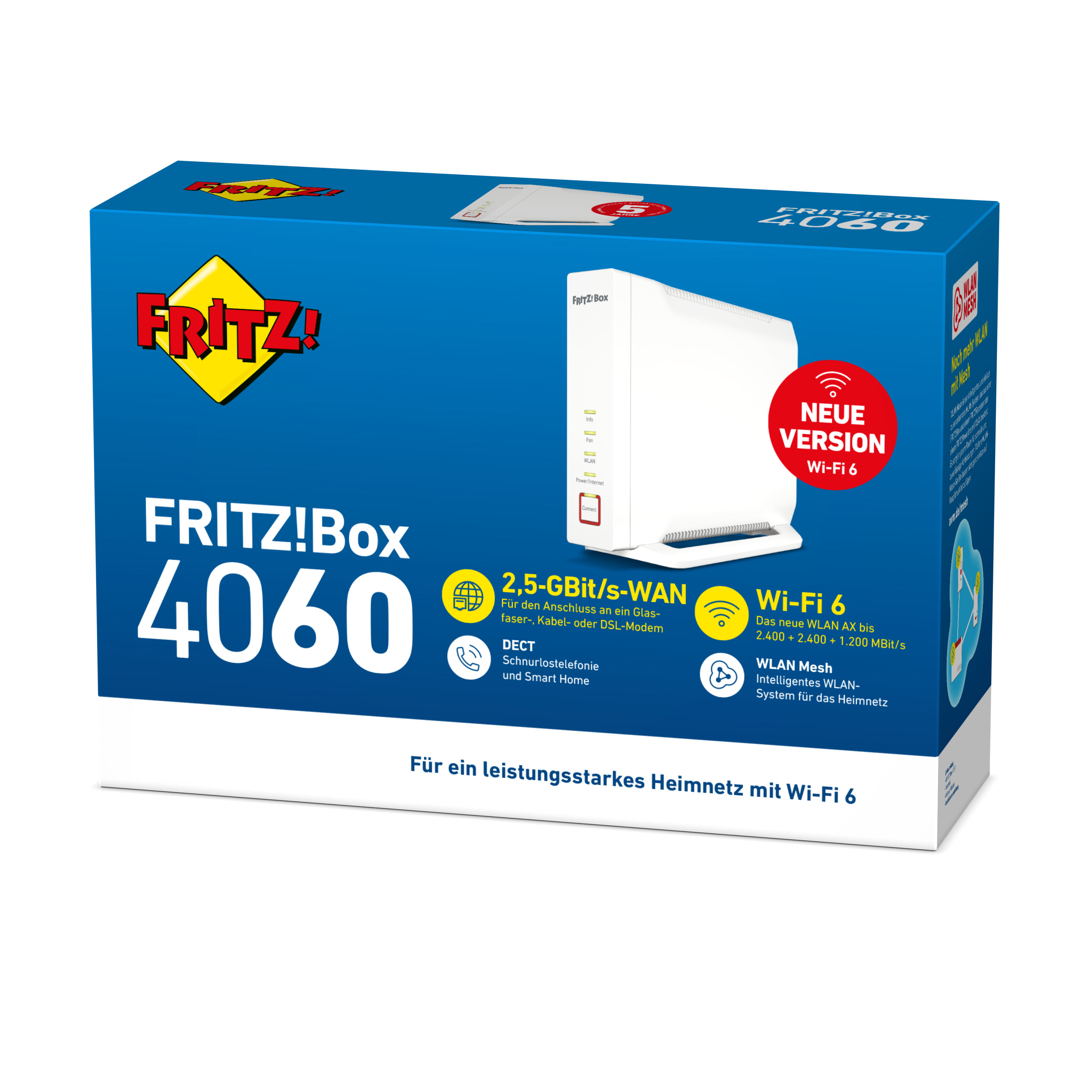 Box mit weißem Router, Text und Wi-Fi 6 Logo.
