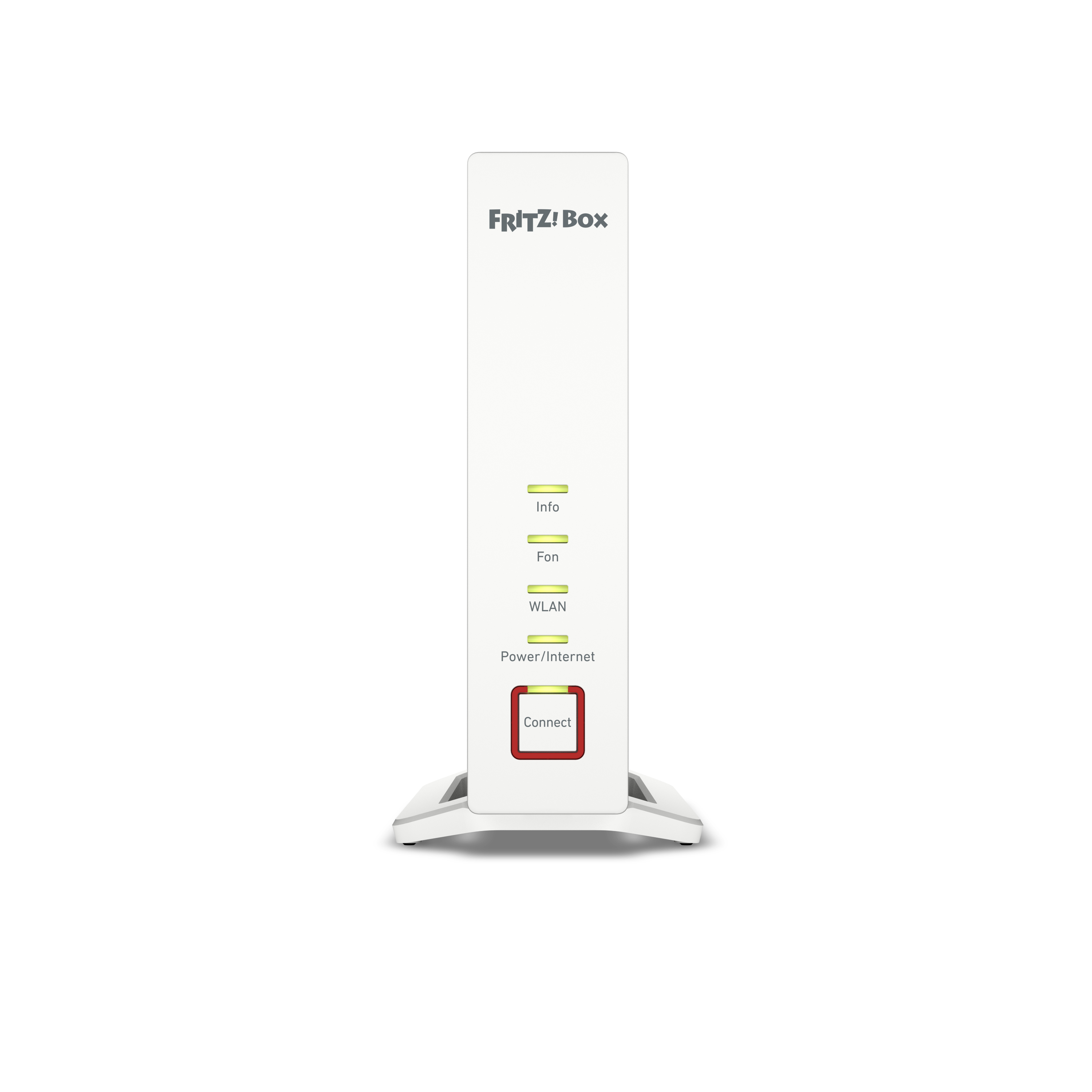 Weißer FritZ!Box-Router mit grünen und roten Lichtern auf weißem Hintergrund.