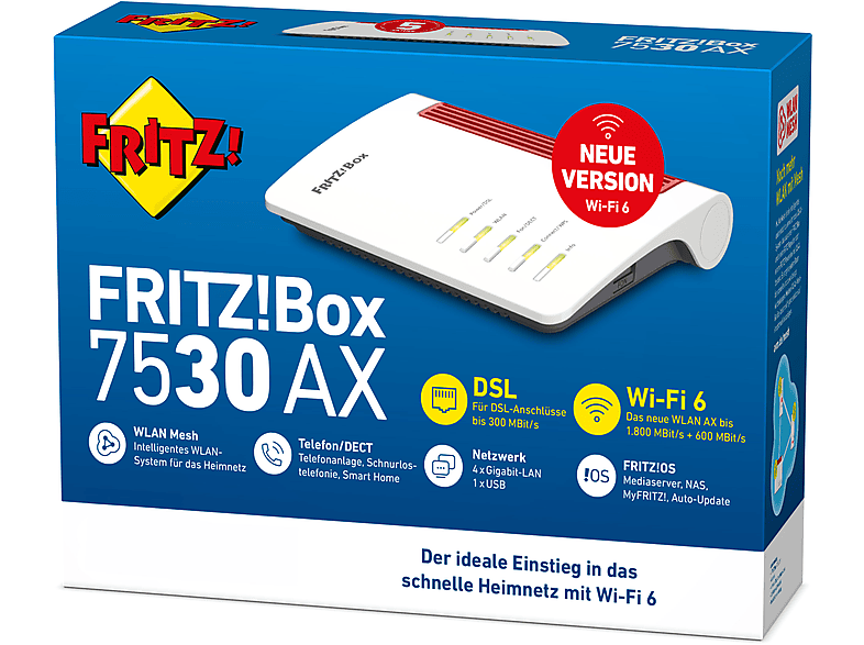 FRITZ!Box 7530 AX Austria WLAN Router, Wi-Fi 6, 1.800 + 600 MBit/s, MIMO, 4x Gigabit-LAN, IPv6, Mesh, DECT, Weiß — Foto 3 von 3