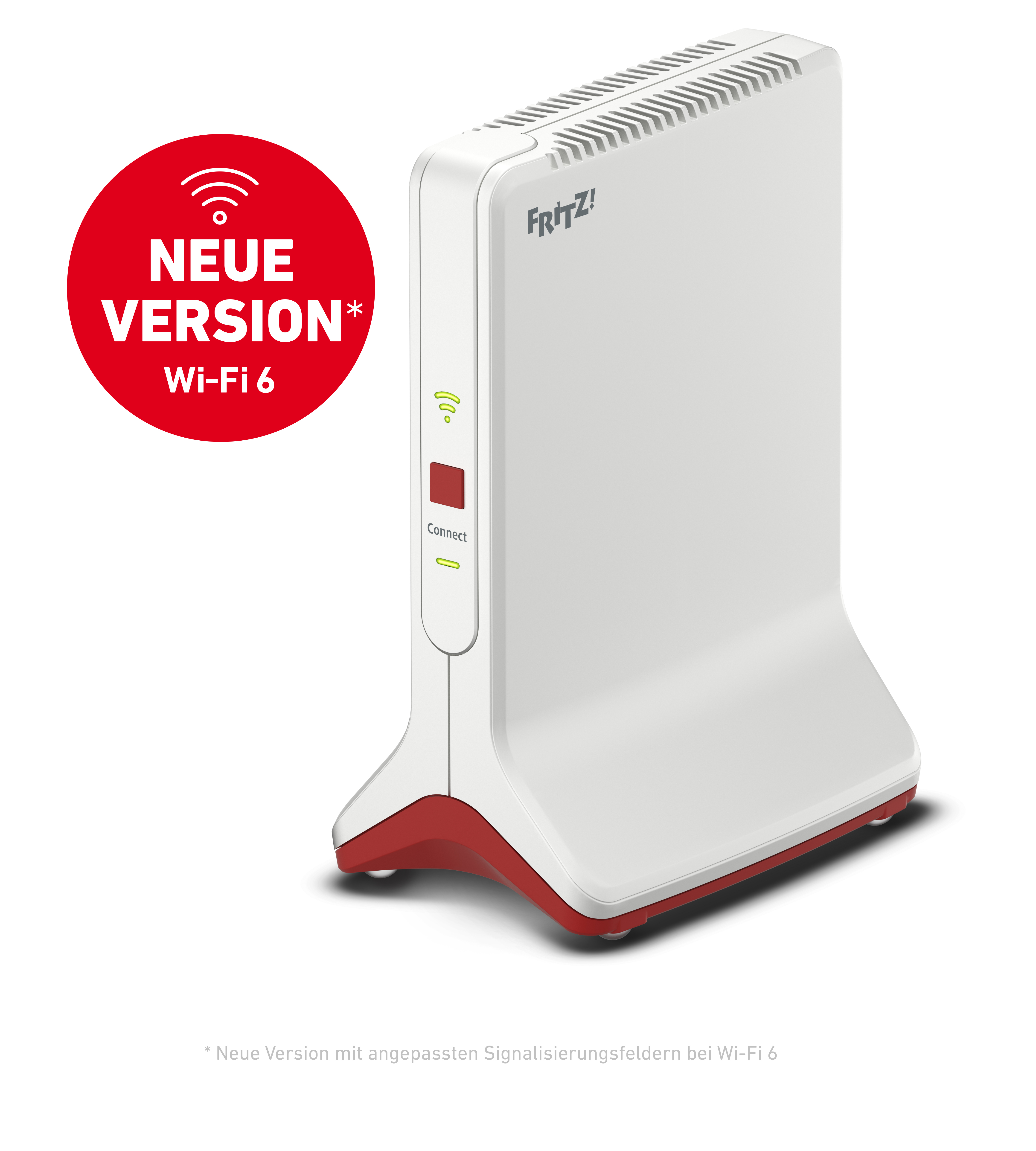 Ein weiß-roter Wi-Fi 6 Router mit rotem Kreis und Text.