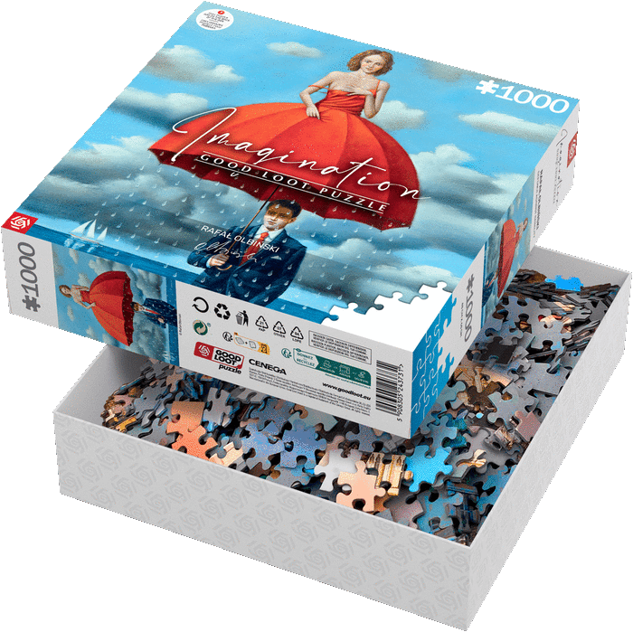 Pudełko z puzzlami, otwarte, aby odsłonić elementy, z kobietą pod parasolem na okładce.