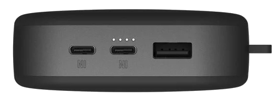 Ciemnoszary power bank z widocznymi portami USB i USB-C.