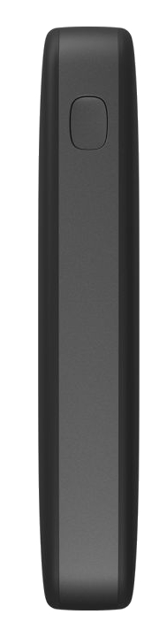Czarny power bank, prostokątny kształt, z jednym przyciskiem z boku.