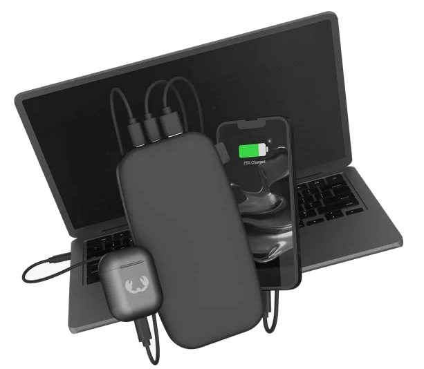 Czarny power bank ładujący laptopa, telefon i słuchawki.