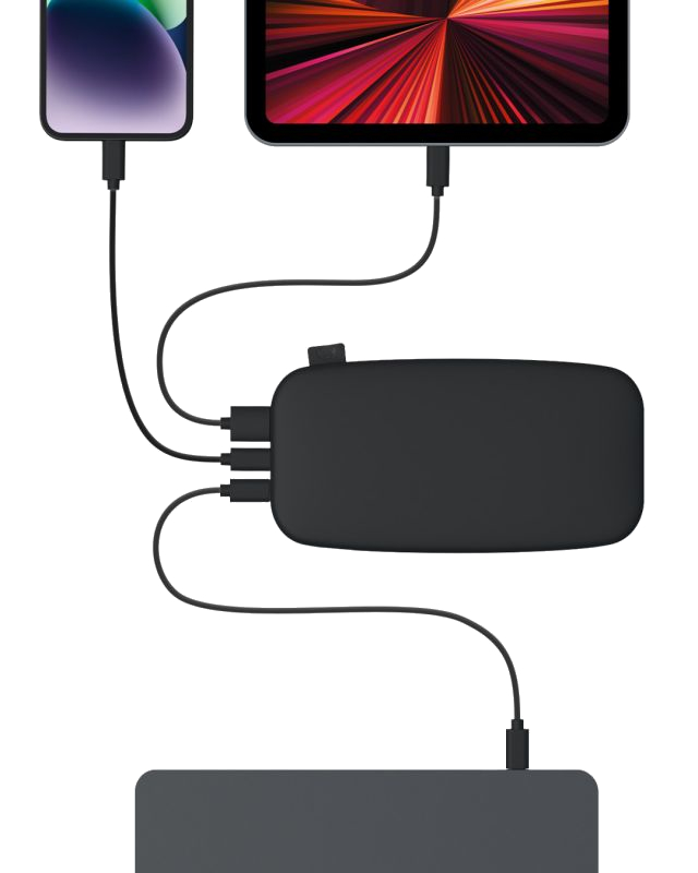 Power bank ładujący wiele urządzeń. Urządzenia obejmują telefon i tablet, wszystkie podłączone.