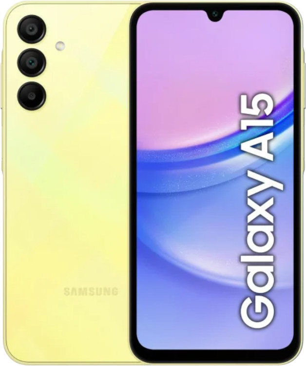 Żółty smartfon Samsung Galaxy A15, z przodu i z tyłu.