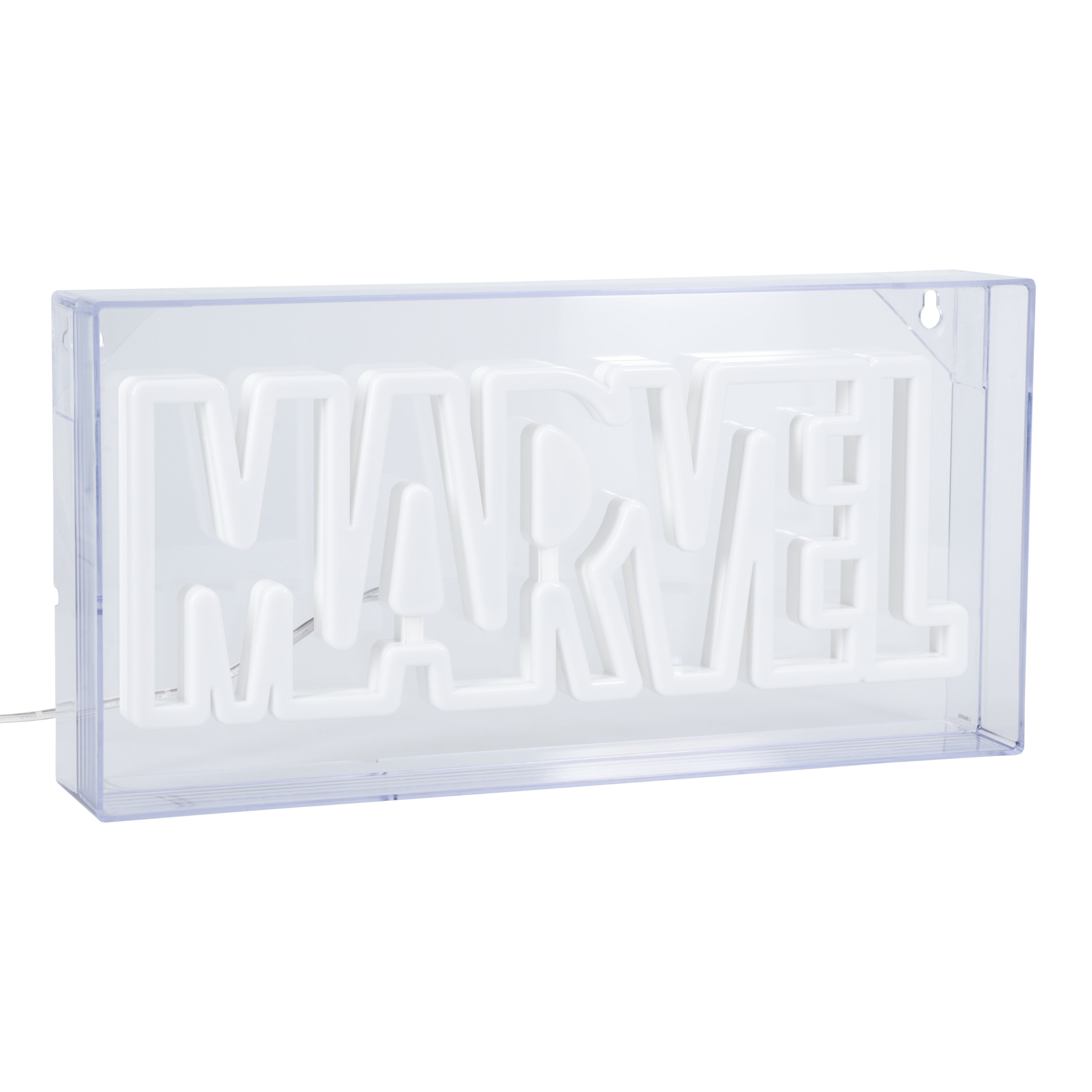 Weißes Neon-Schild in einem transparenten Kunststoffgehäuse, liest sich 'MARVEL'.