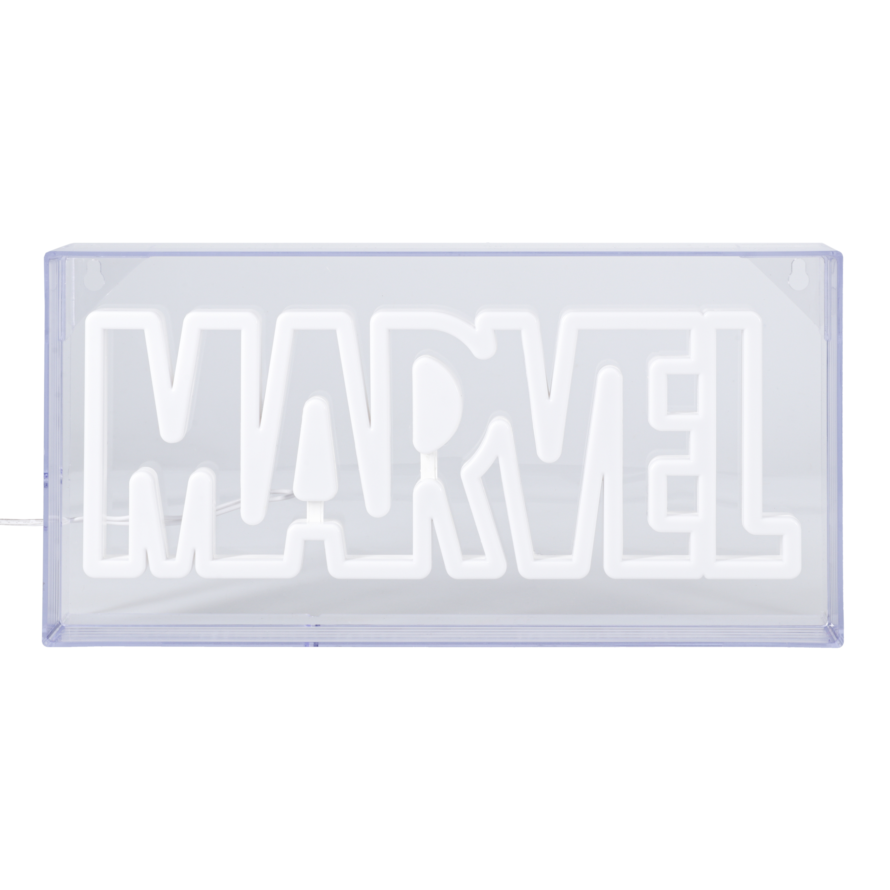 MARVEL-Schild in weißem Rahmen, MARVEL in weißen Buchstaben.