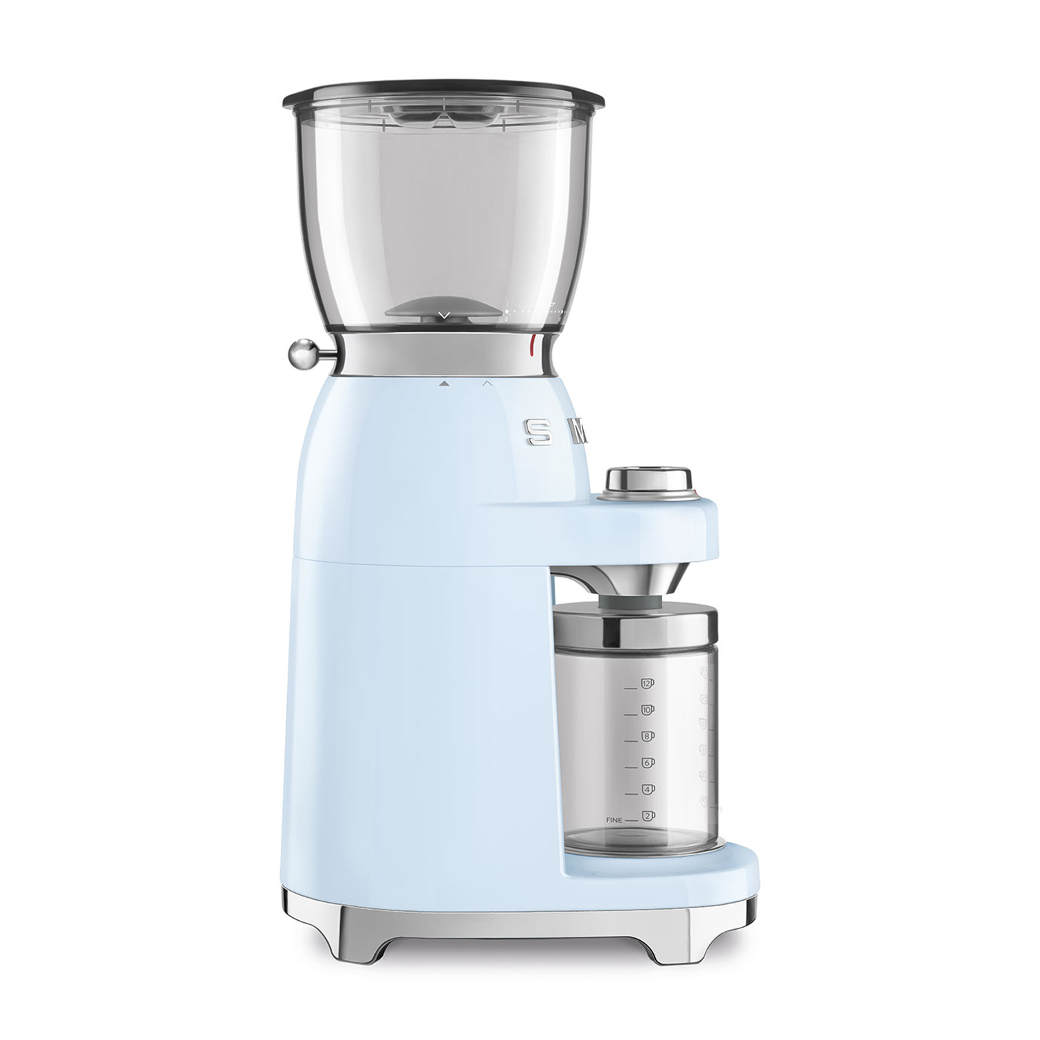 Macinacaffè azzurro con contenitore trasparente e dettagli cromati.