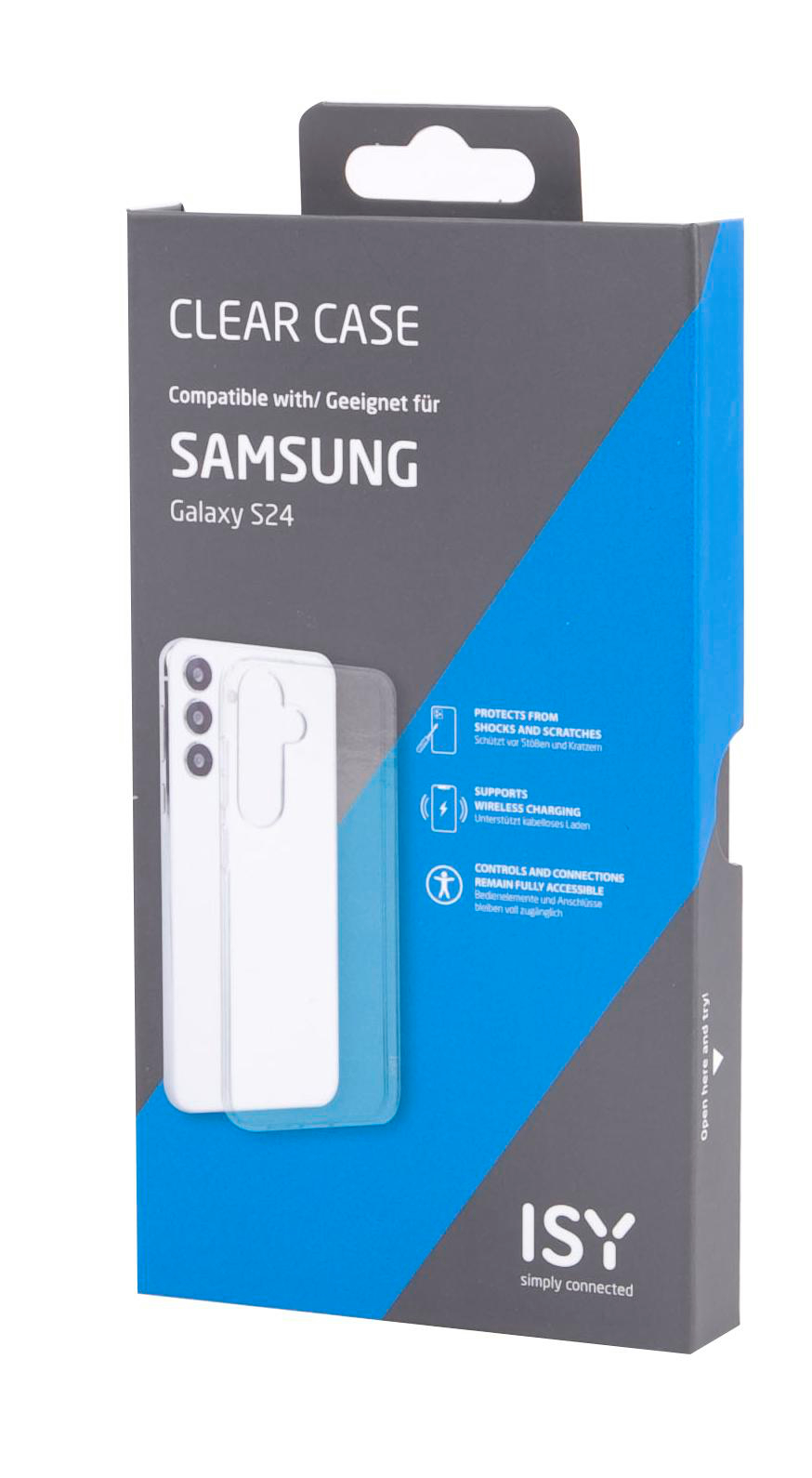 Klare Handyhüllenverpackung für Samsung Galaxy S24 mit Produktdetails.