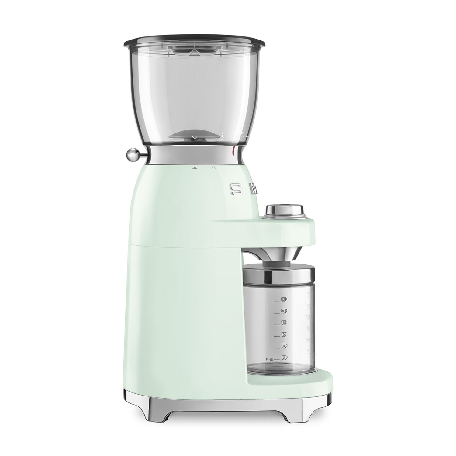 Macinacaffè Smeg verde menta con contenitore trasparente.