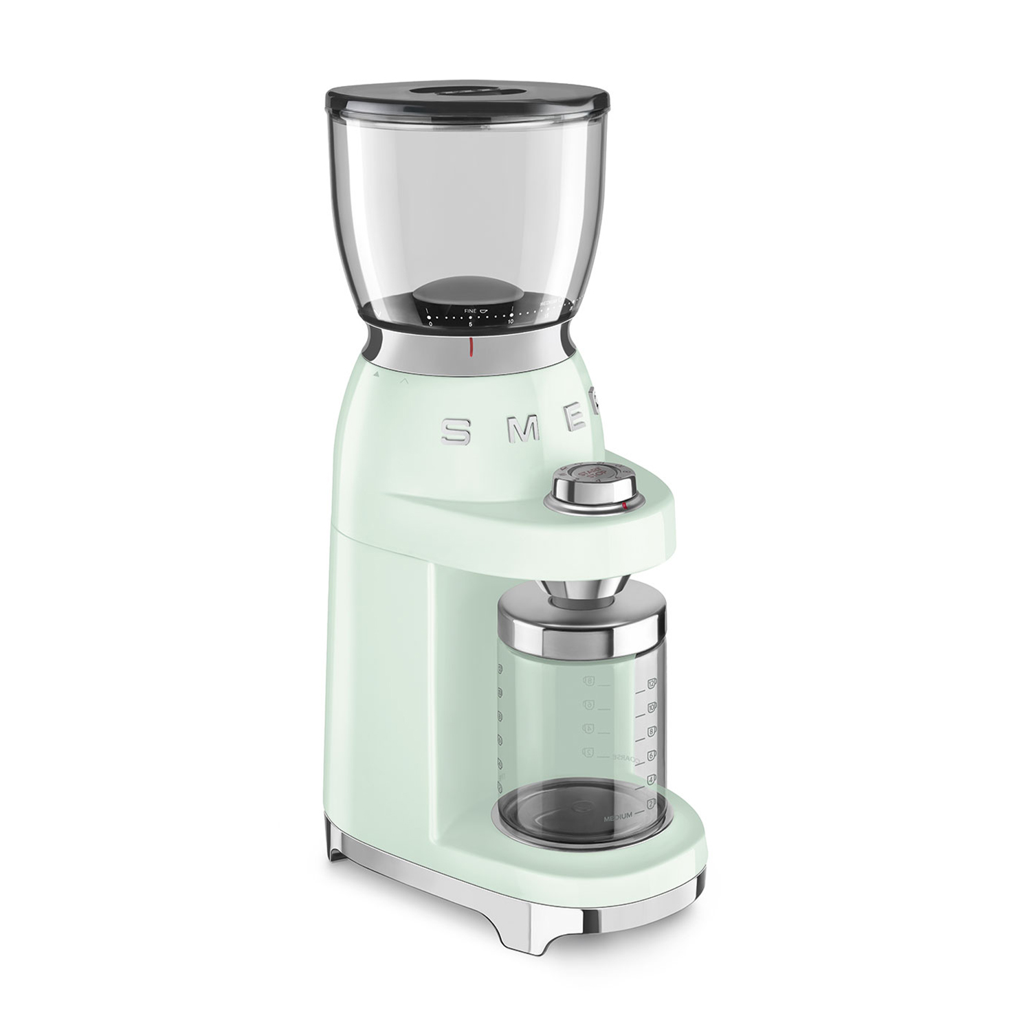 Macinacaffè Smeg verde menta, vista laterale.