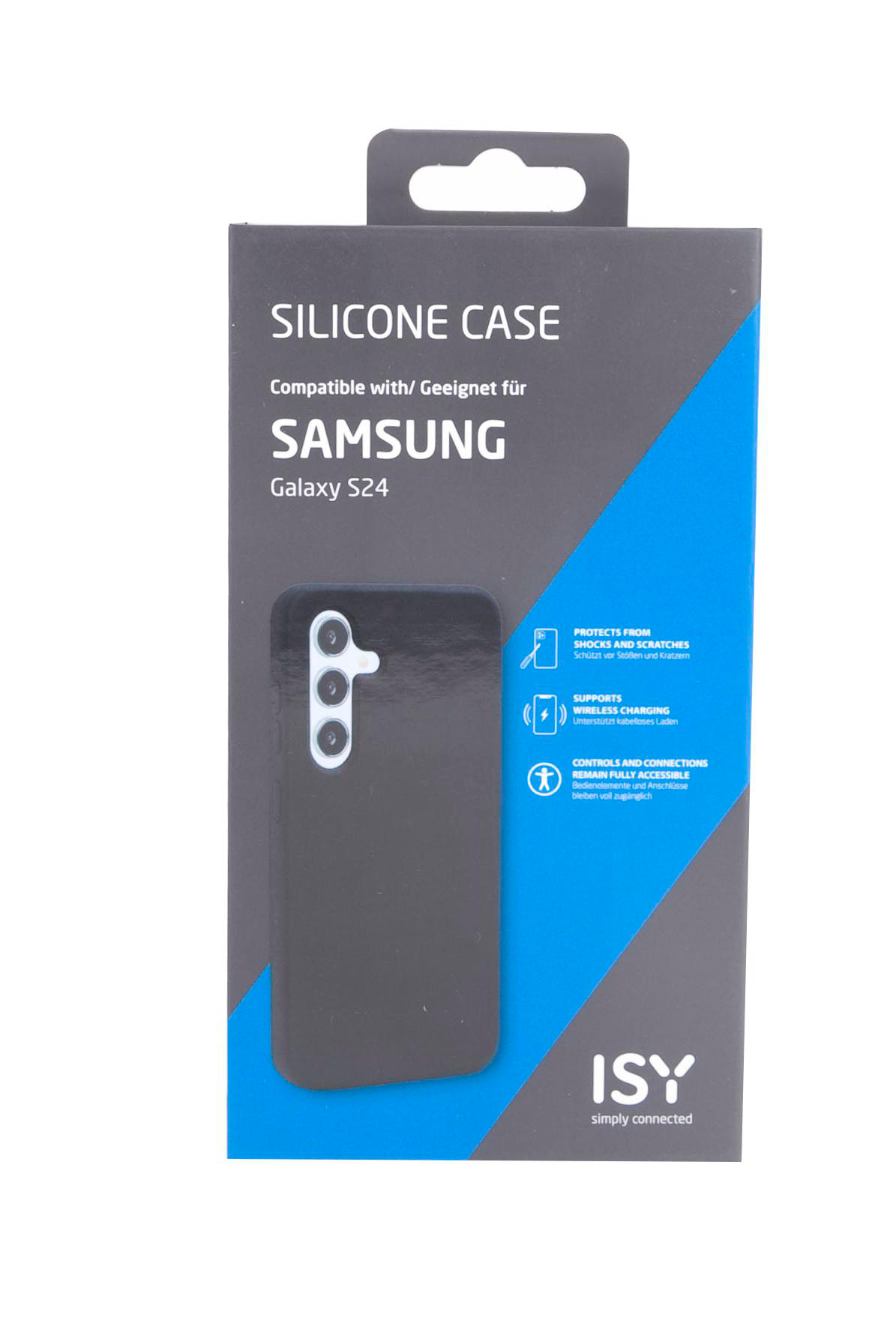 Schwarze Handyhülle für Samsung Galaxy S24 in einer Box. Weißer Hintergrund. Produktdetails.