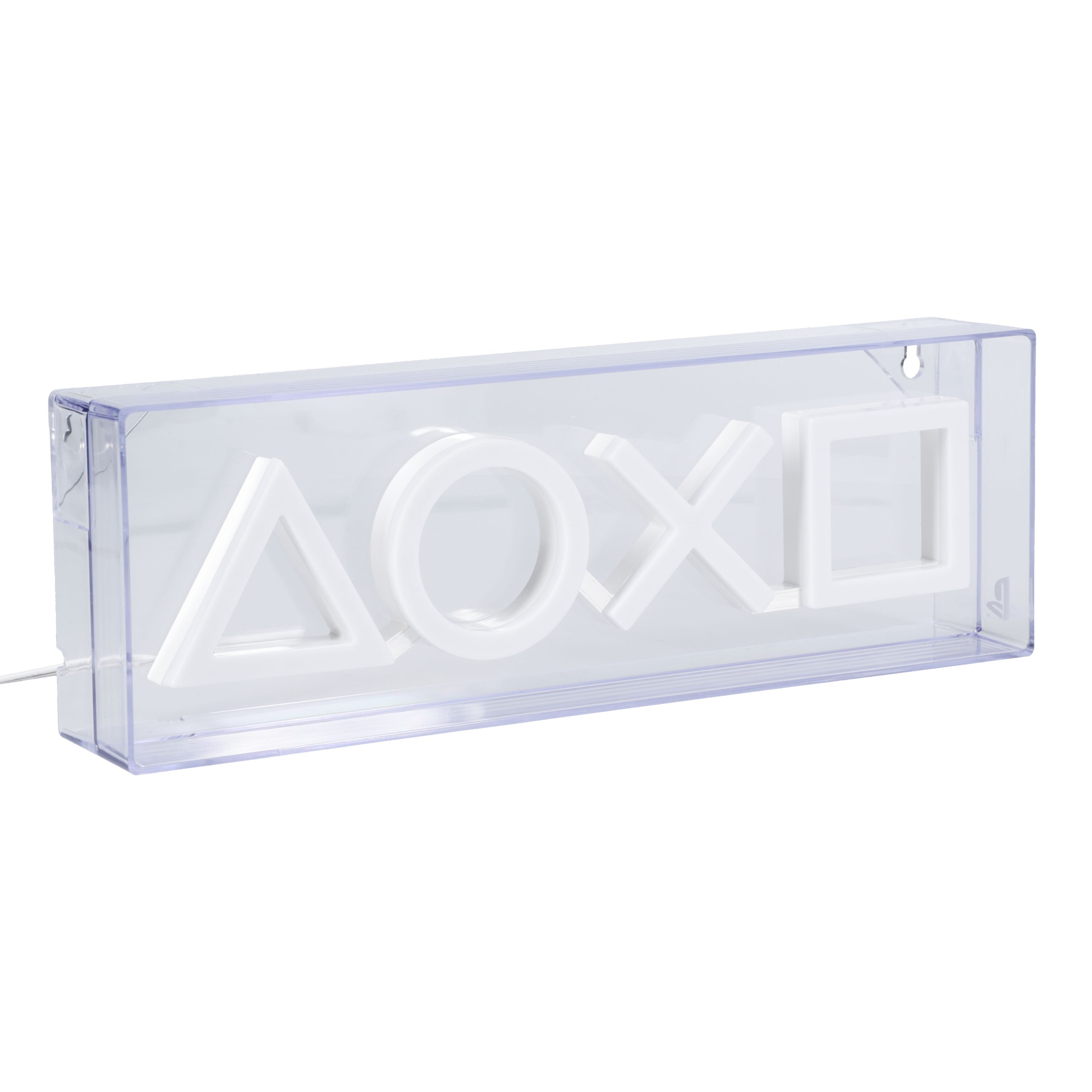 Eine transparente Box mit weiß beleuchteten PlayStation-Symbolen. Die Symbole sind Dreieck, Kreis, X und Quadrat.