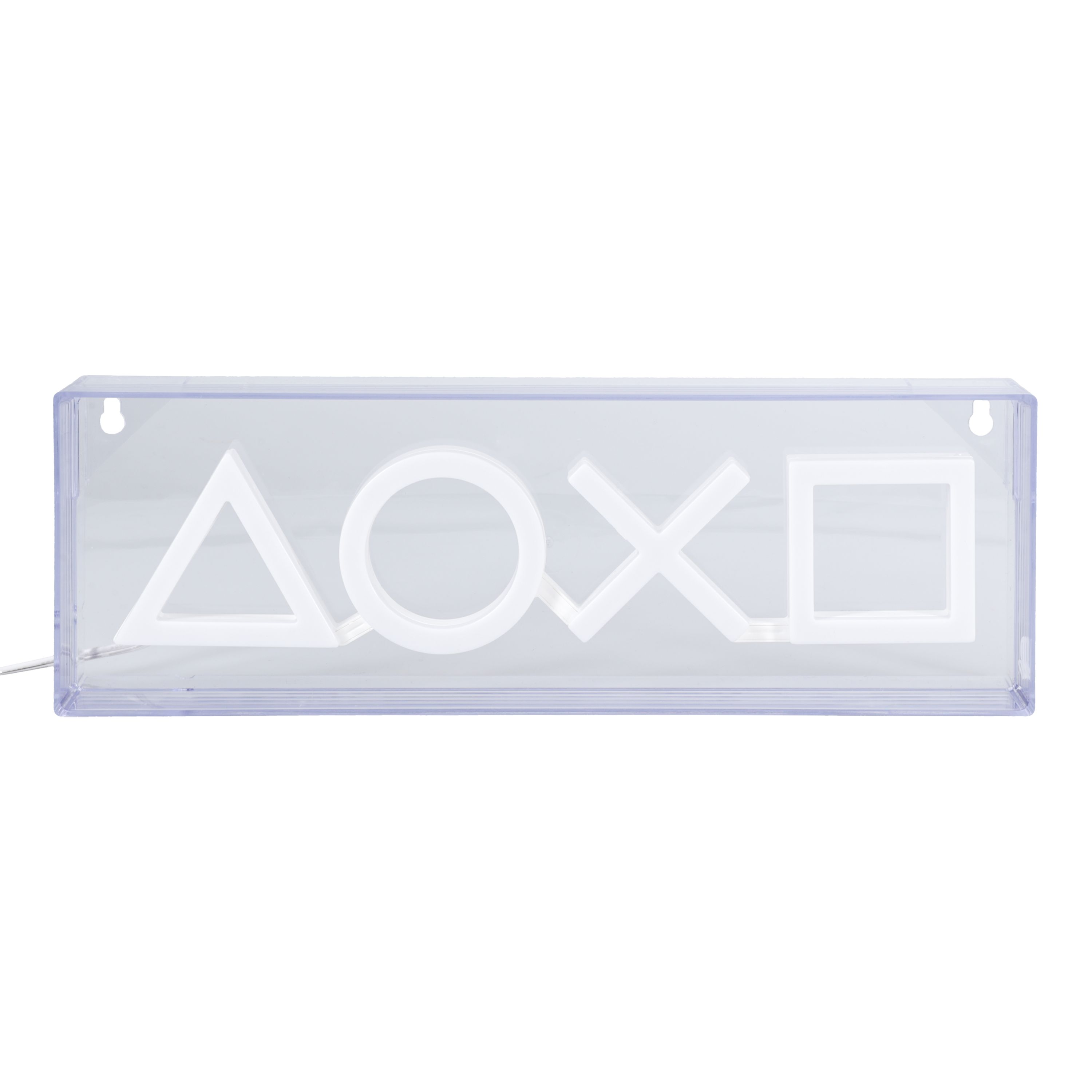 Ein transparentes Plastikschild mit weißen PlayStation-Symbolen: Dreieck, Kreis, Kreuz, Quadrat.