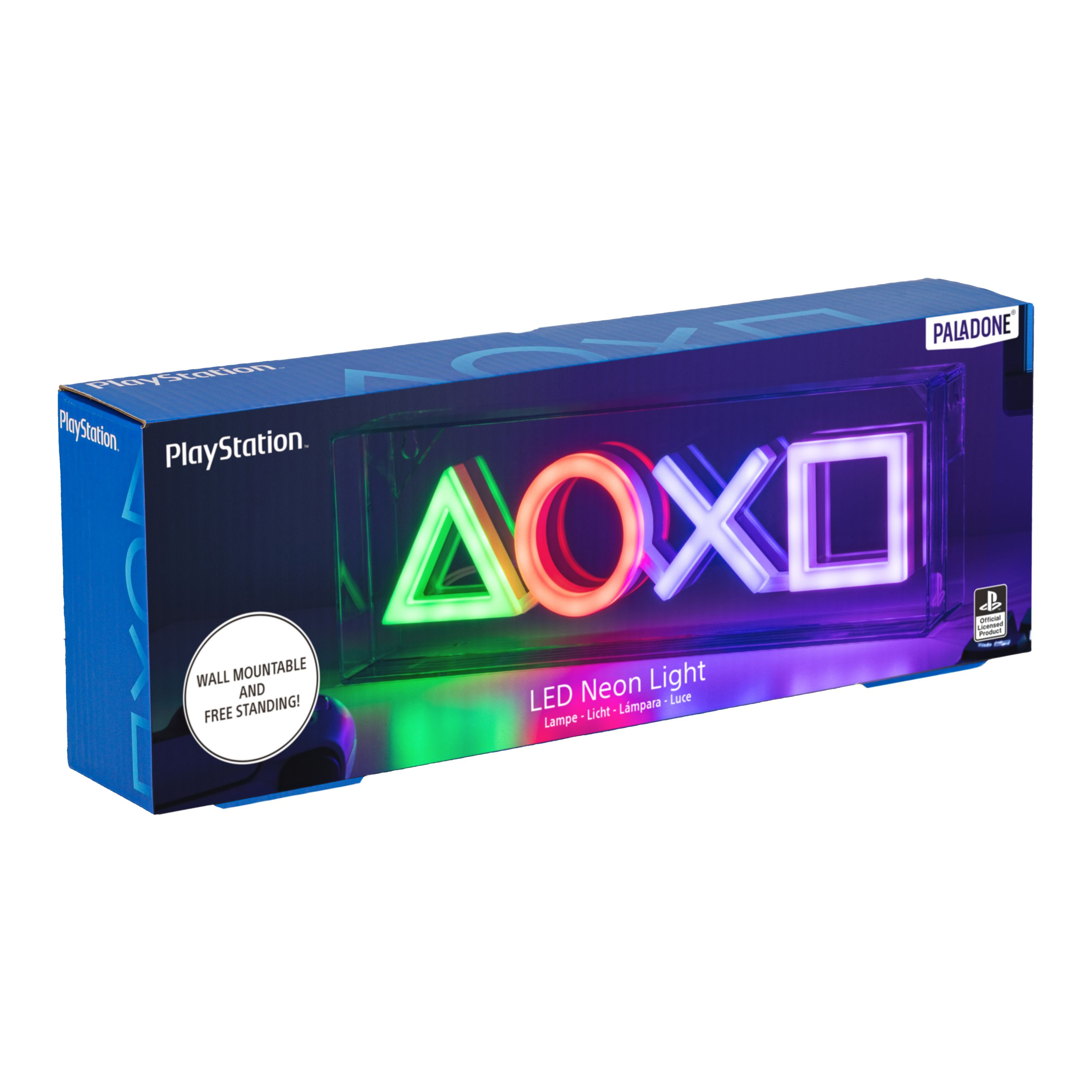 Box mit PlayStation-Symbolen. Neonlichter befinden sich im transparenten Karton.