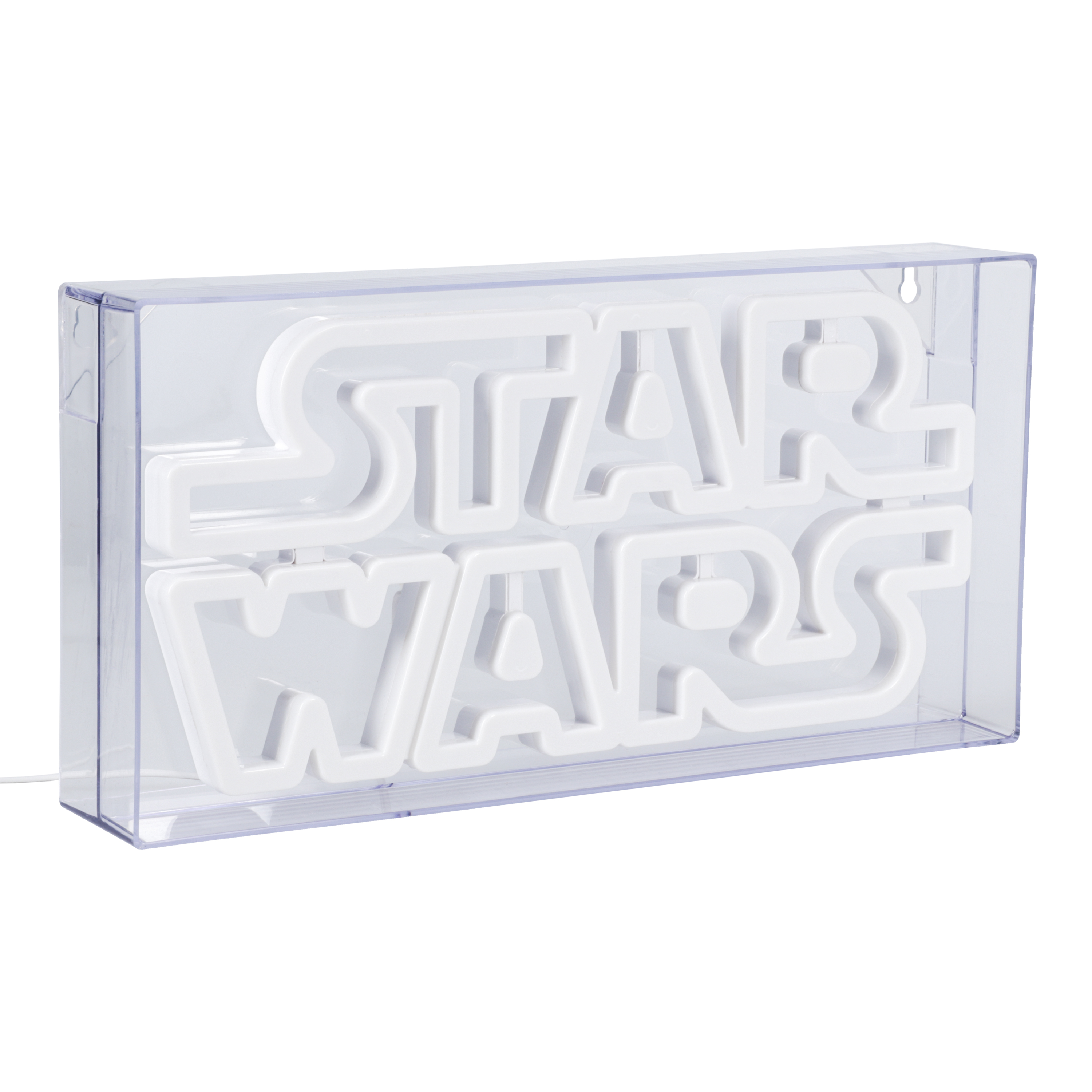 Weißes "STAR WARS" Schild in einem transparenten Kunststoffgehäuse, beleuchtet, auf weißem Hintergrund.