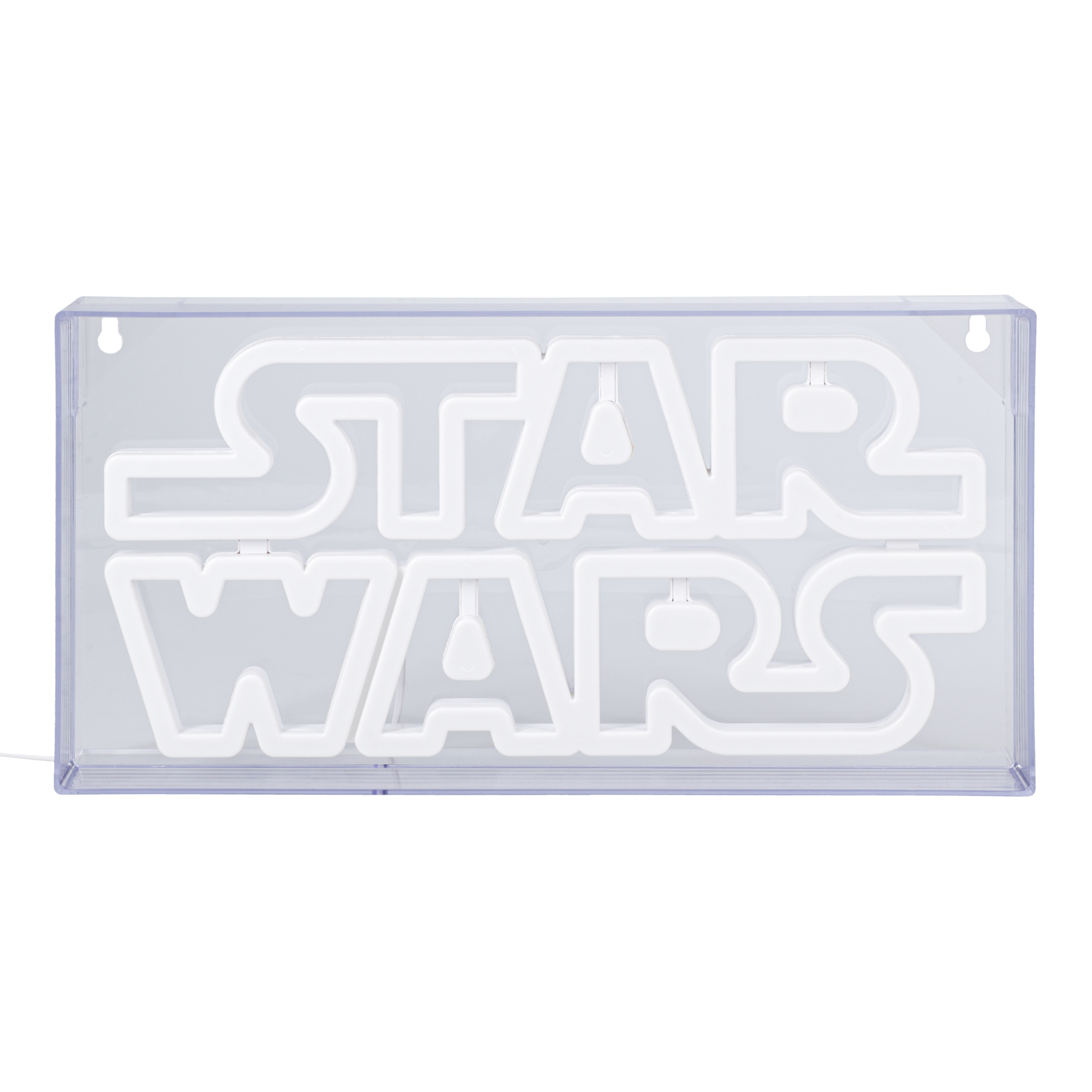 Star Wars Neon-Schild in klarer rechteckiger Box. Weißer Text leuchtet innen.