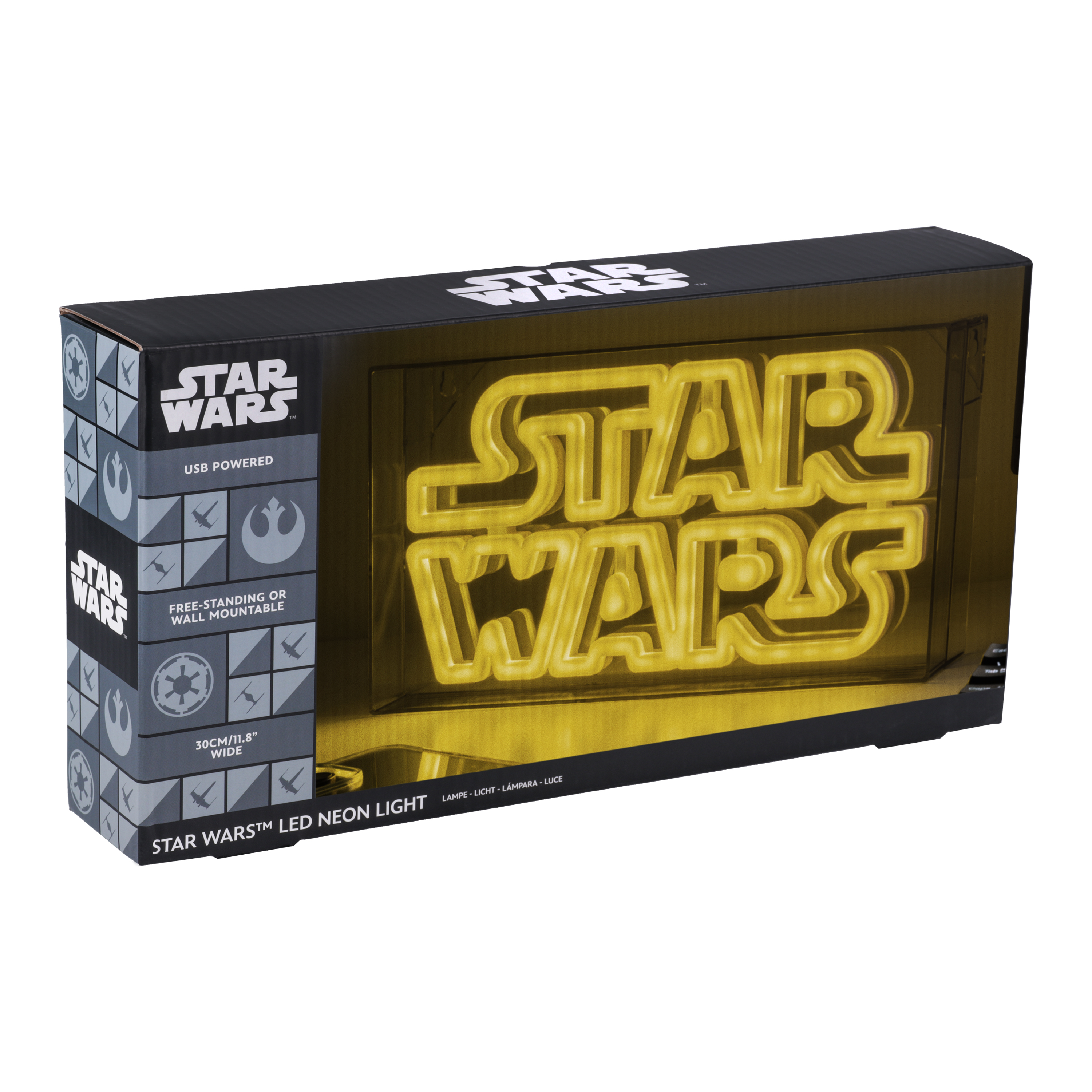 Star Wars Neon-Schild-Box. Schwarze Box, gelbes Neonlicht, Star Wars Logo.