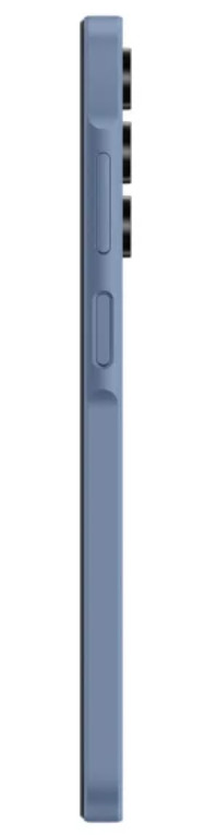 Widok z boku niebieskiego smartfona, pokazujący przyciski i obiektywy aparatu.