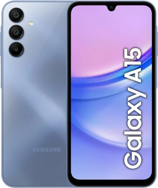 Niebieski smartfon z potrójnym aparatem z tyłu i tekstem 'Galaxy A15' na ekranie.